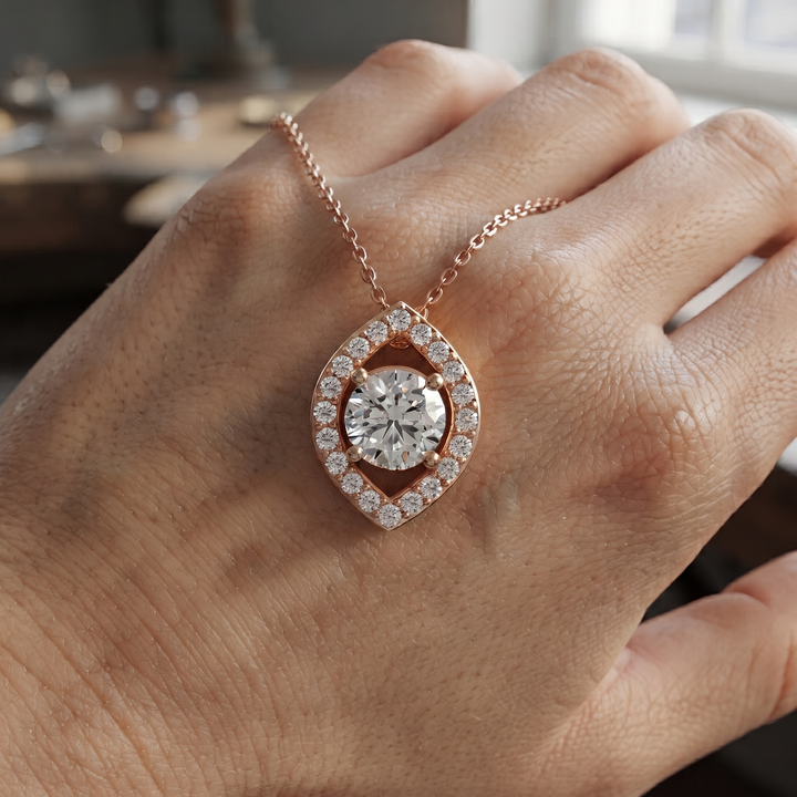 Marquise Halo Diamond Pendant Necklace, Evil Eye Protection, Dainty Gold Solitaire Jewelry