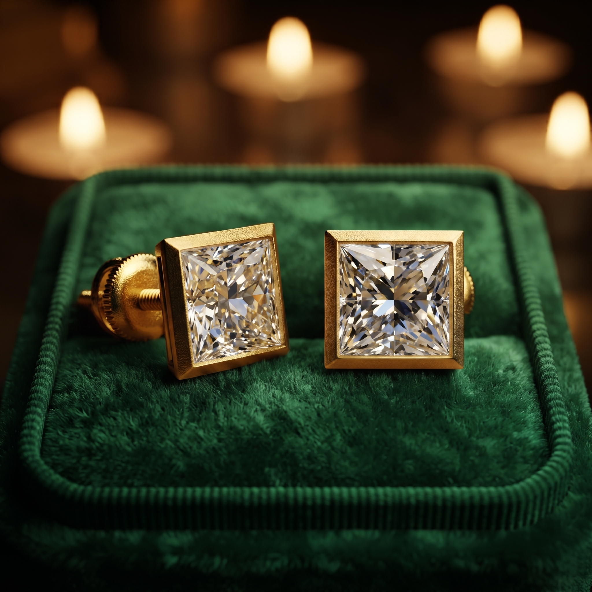 Princess Cut Diamond Bezel Stud Earrings, 9K-18K Gold or Silver