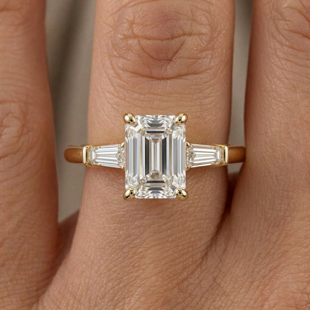 Emerald Cut Three Stone Engagement Ring, Tapered Baguette Lab Grown Diamond, Solid Gold Band