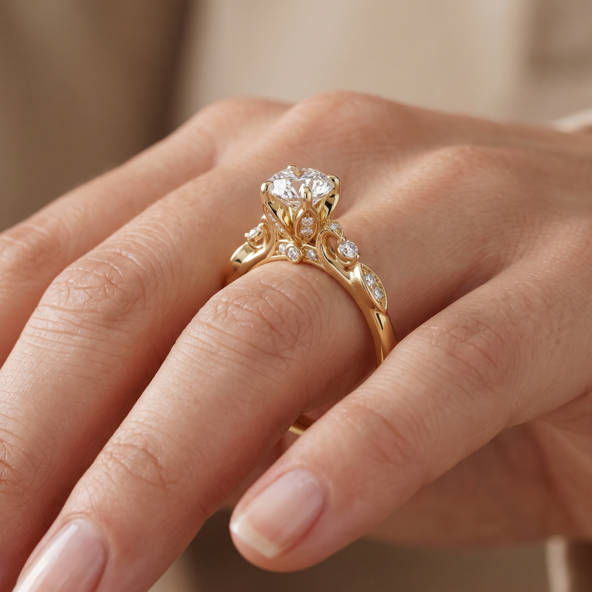 Custom Floral Basket Engagement Ring, Lab Grown Diamond, Hidden Halo Accent