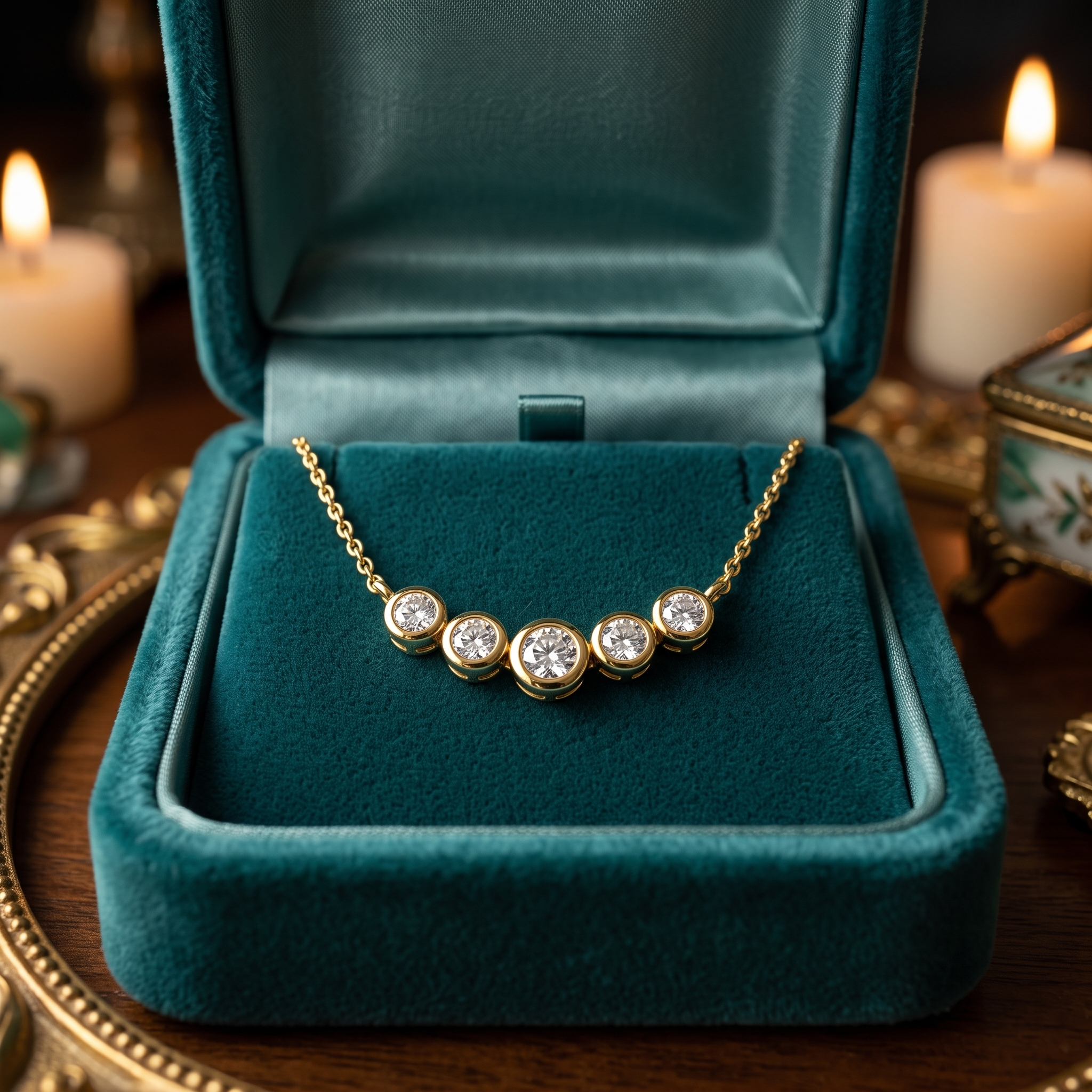 5-Stone Bezel Set Diamond Bar Necklace, Graduated Round Cut Pendant, Minimalist Gold Jewelry