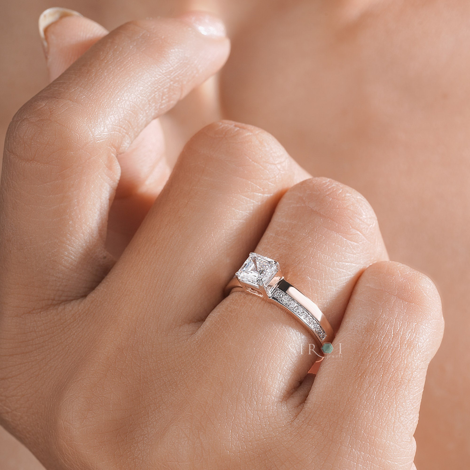 Rose Gold emerald Diamond Ring with Shoulder Pave