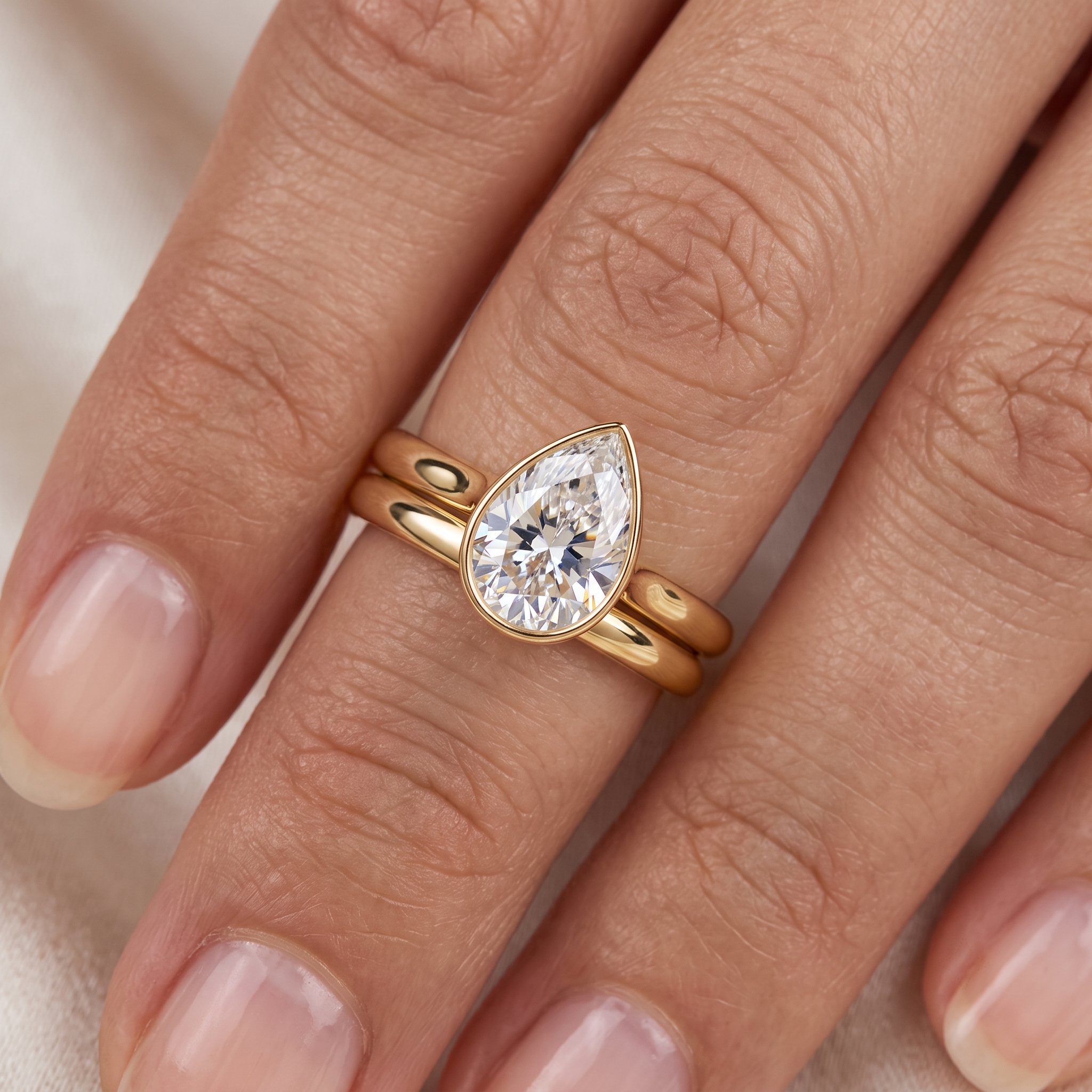 Pear Cut Diamond Bezel Ring, Yellow Gold Bridal Set, Teardrop Stacking Rings