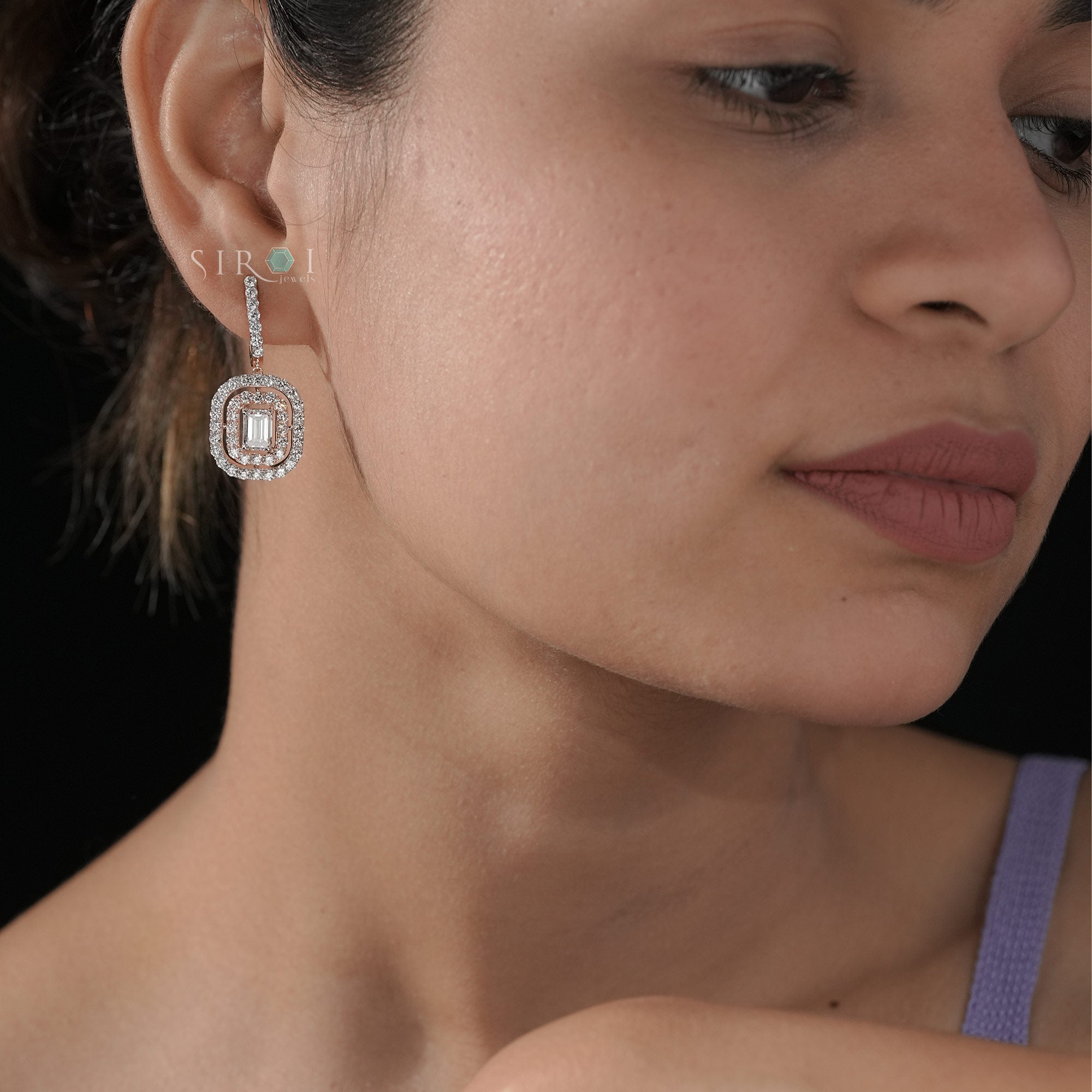 Elegant Double Halo Emerald Cut Diamond Drop Earrings in Rose Gold