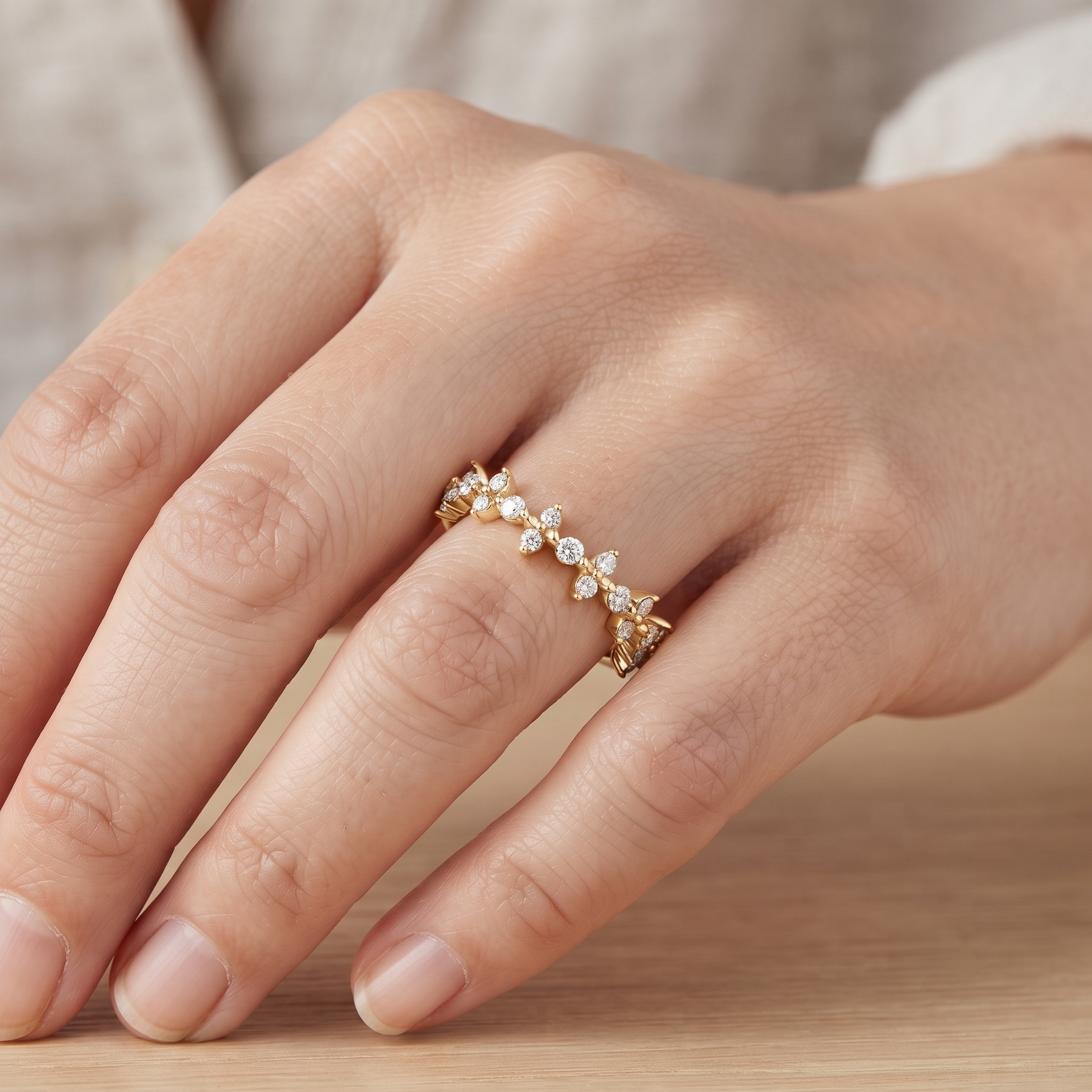Solid Gold Cluster Diamond Band Ring, Minimalist Wedding Stack, Round Cut Lab Grown