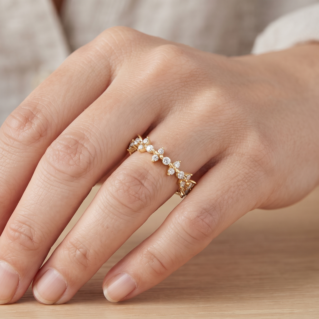 Solid Gold Cluster Diamond Band Ring, Minimalist Wedding Stack, Round Cut Lab Grown