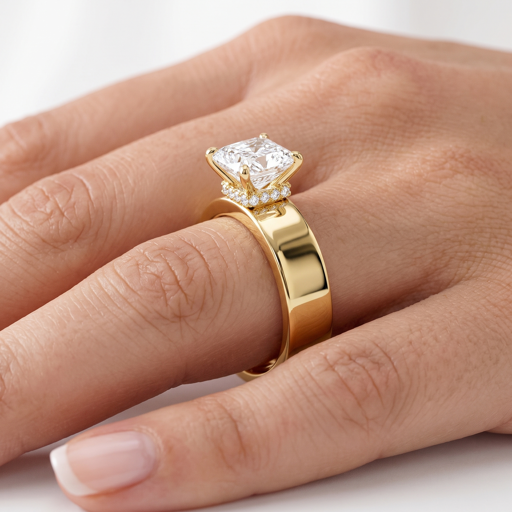 Wide Band Princess Cut Engagement Ring | Hidden Halo, Solid Gold Statement Piece