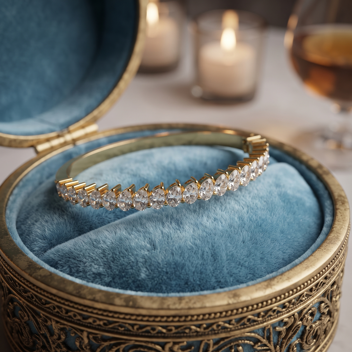 Pear Cut Lab Grown Diamond Tennis Bangle, Solid Gold Half Eternity Cuff
