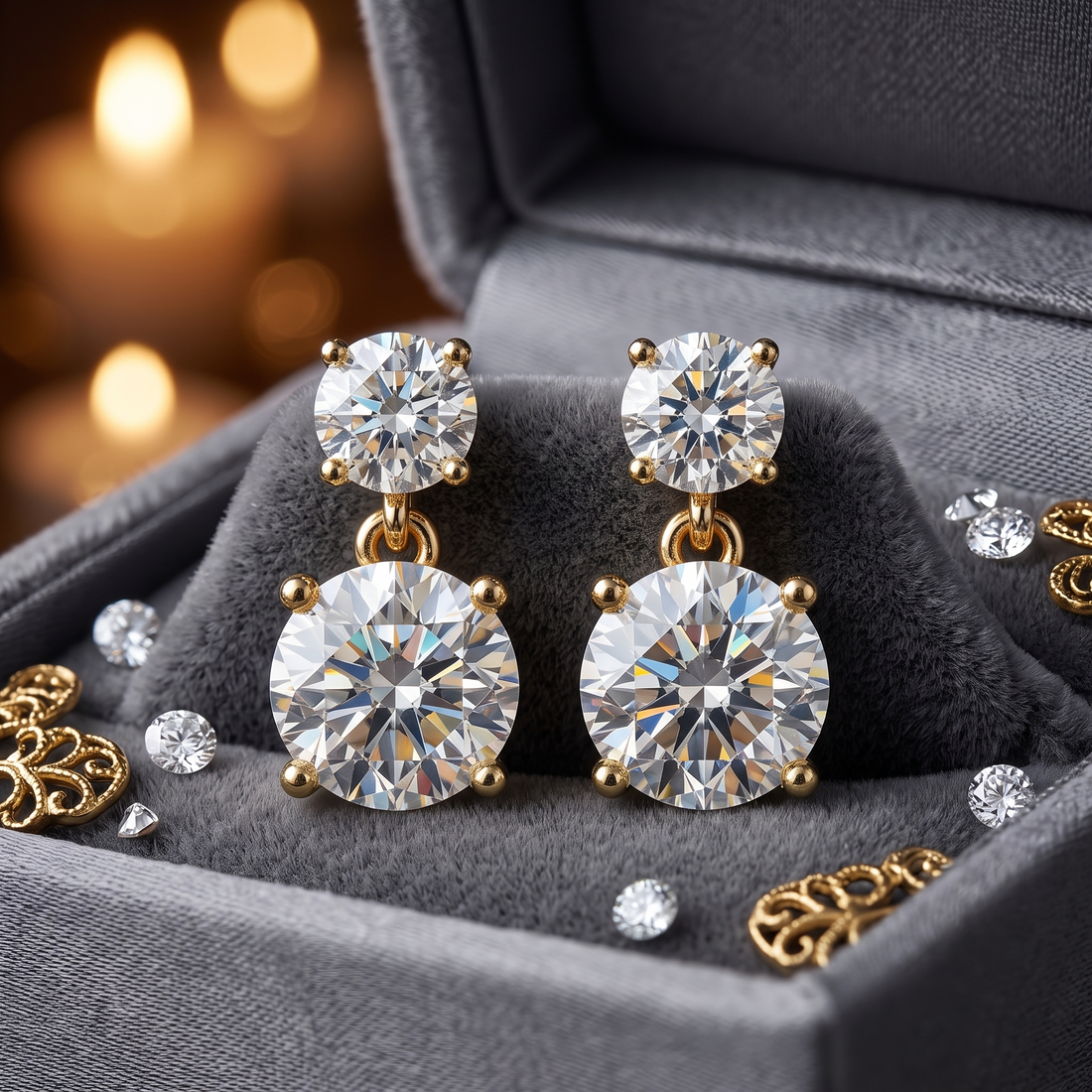 Two Stone Diamond Drop Earrings in 9K To 18K Rose Gold, Gift for Her