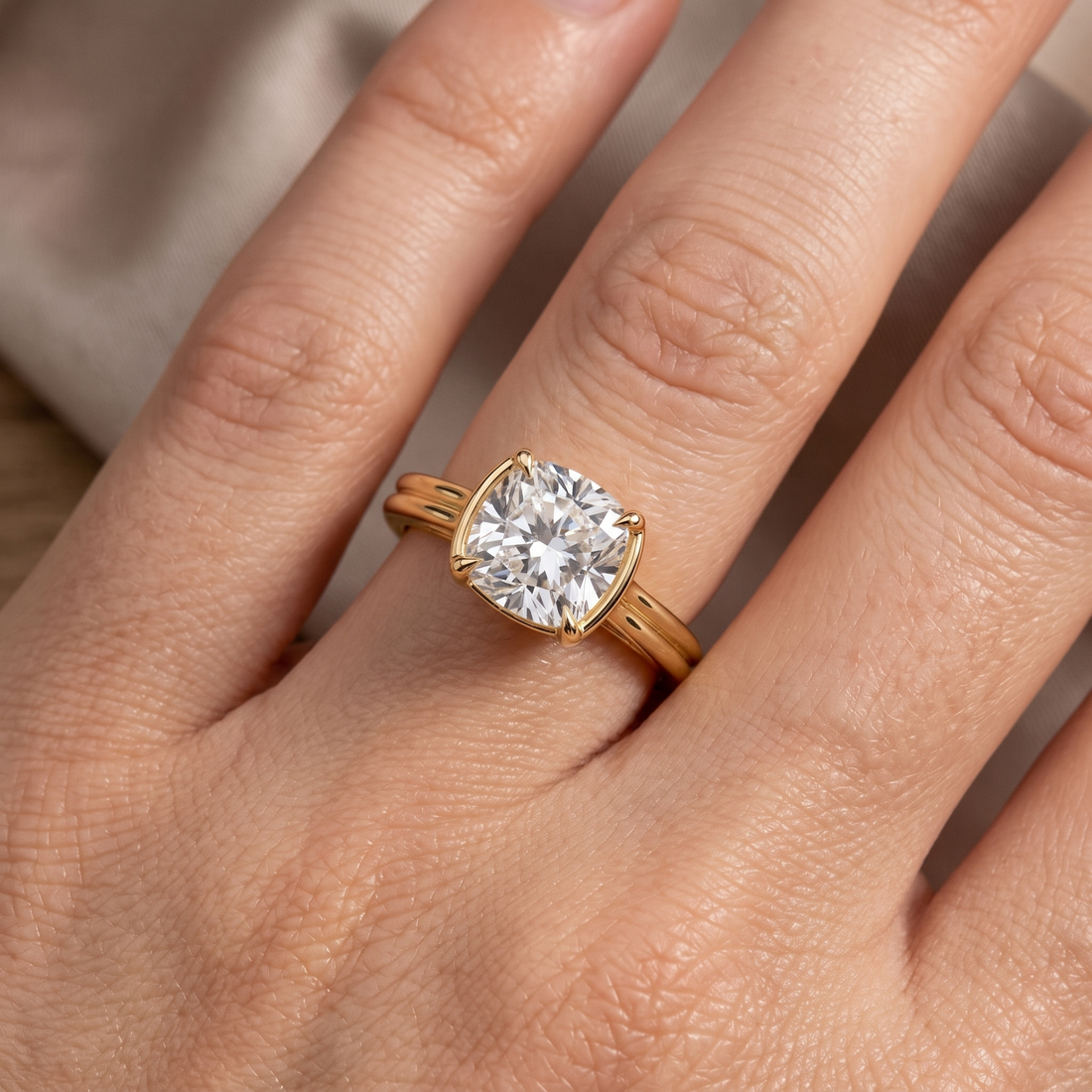 Cushion Cut Lab Diamond Engagement Ring, East West Double Shank Setting