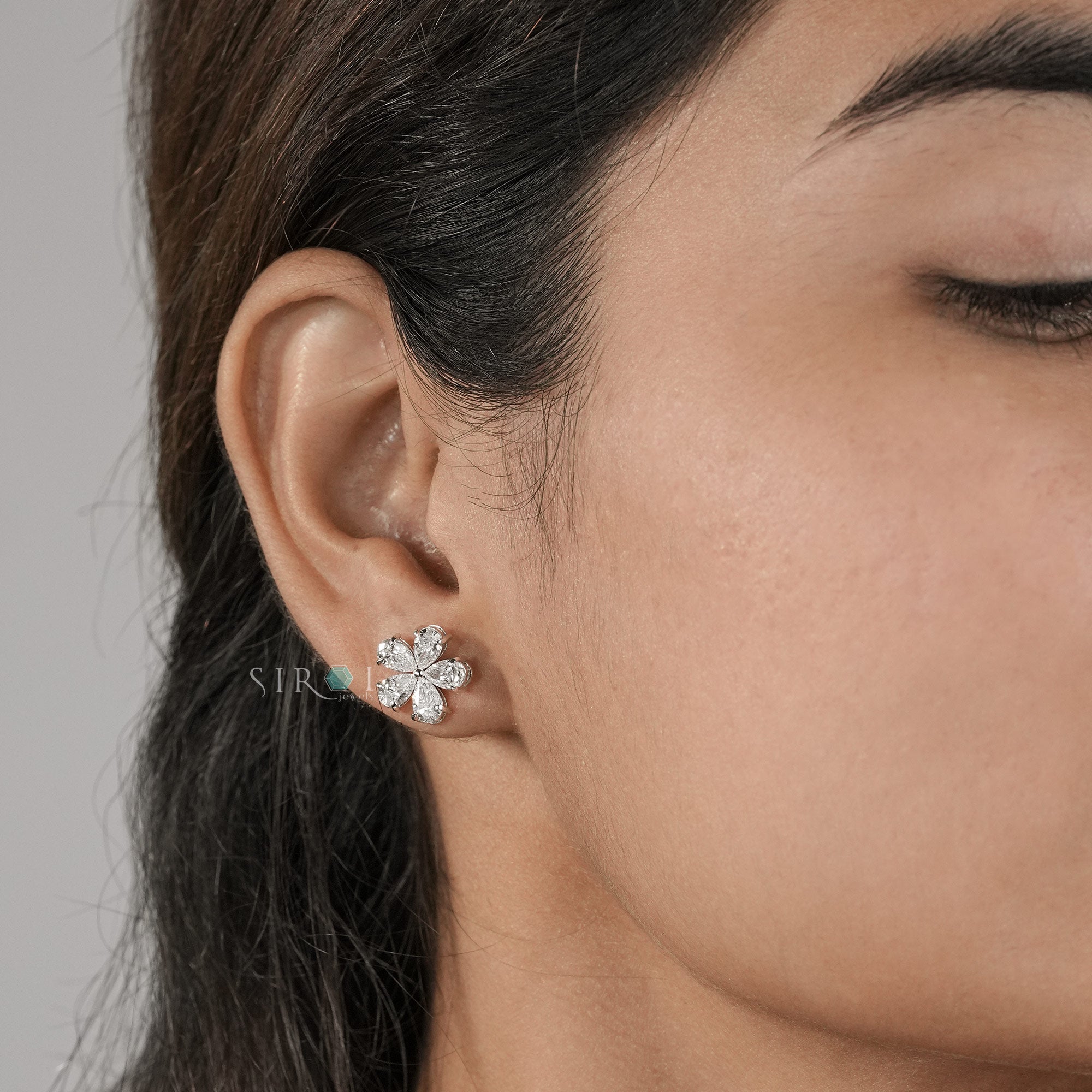 Pear Diamond Flower Cluster pear Stud Earrings in White Gold