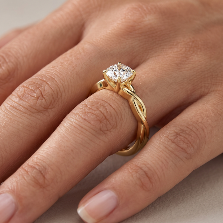 Twisted Vine Round Diamond Solitaire Ring, 4-Prong Gold Engagement Band