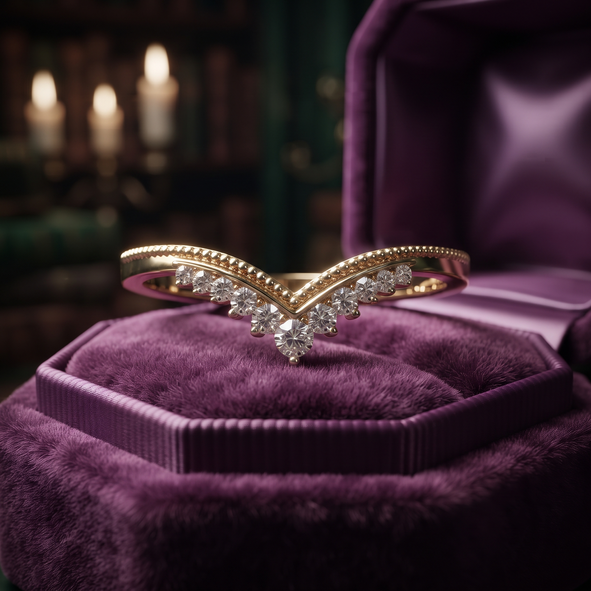 Curved Diamond Chevron Wedding Band, Solid Gold Milgrain V-Shape Stacking Ring