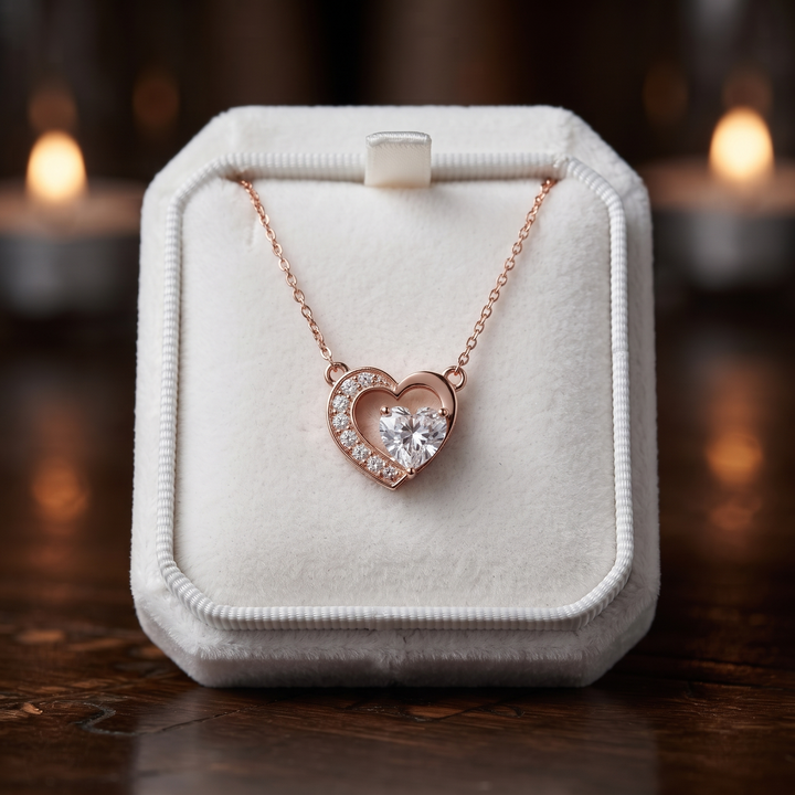 Rose Gold Heart Pendant Necklace with Sparkling Cubic Zirconia - Dainty Romantic Gift for Her