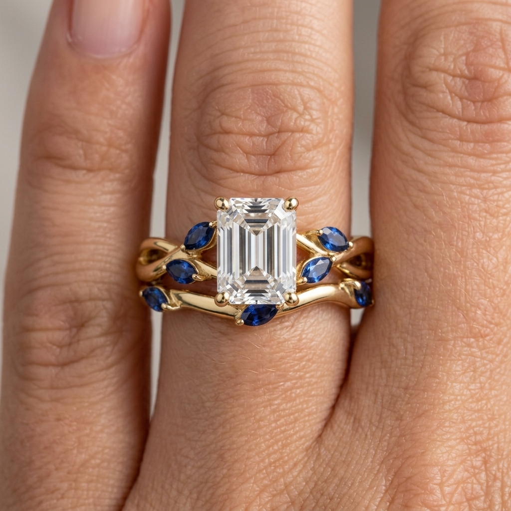 Emerald Cut Diamond Engagement Ring Set, Blue Sapphire Branch Design, Solid Gold Wedding Band