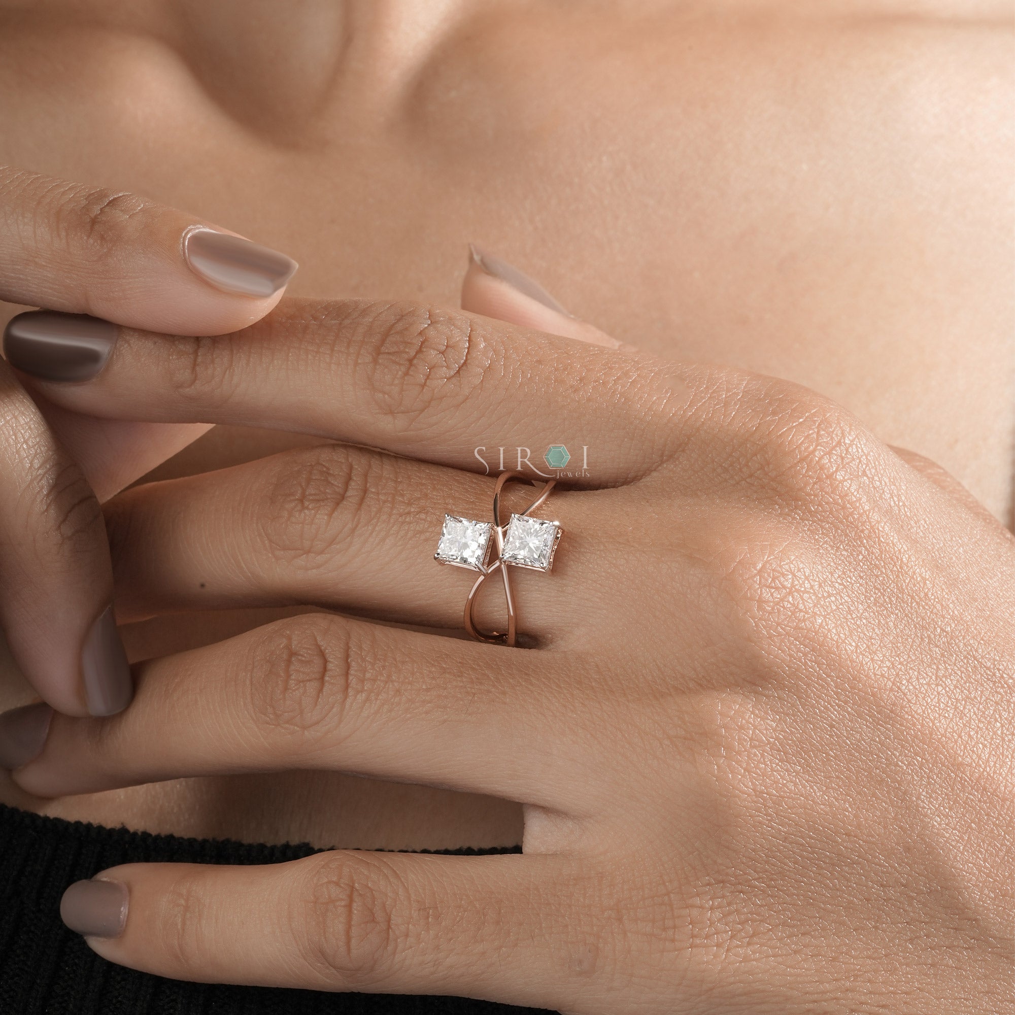 Contemporary Two-Stone Princess Cut Bypass Ring