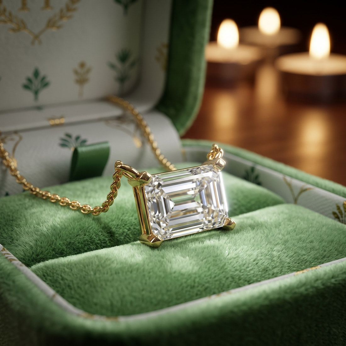 Emerald Cut Solitaire Pendant Necklace, Minimalist Diamond Chain, Modern Architecture Style