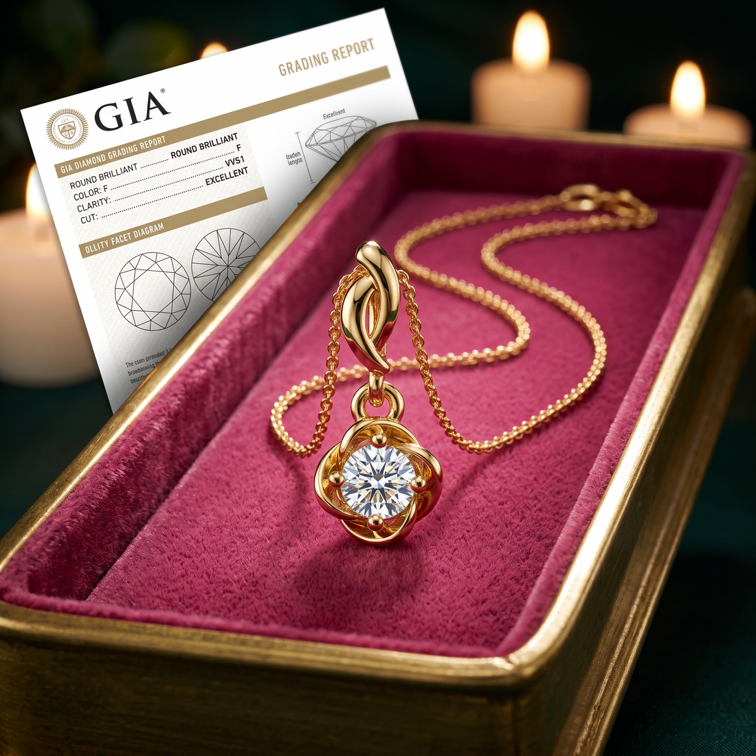 14K Gold Solitaire Diamond Pendant, Round Brilliant Cut, Floral Swirl Charm Necklace