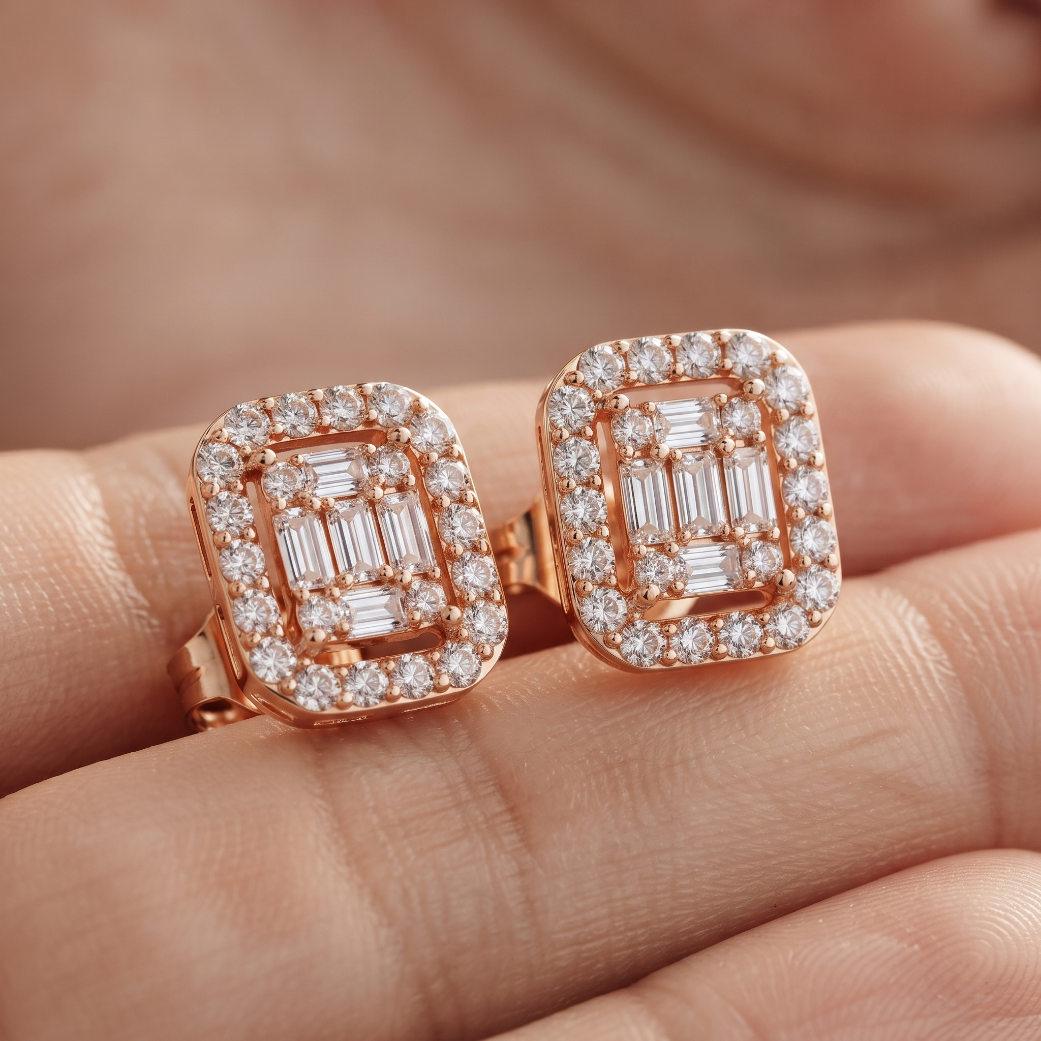 Baguette and Round Diamond Halo Stud Earrings