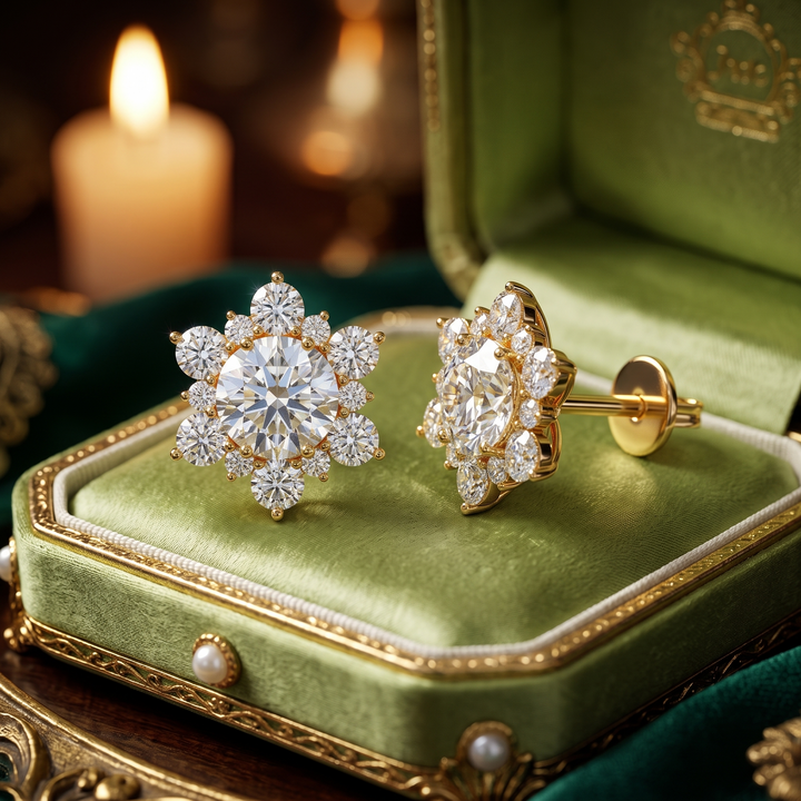 Snowflake Diamond Cluster Earrings in 10K/14K Gold Or Silver