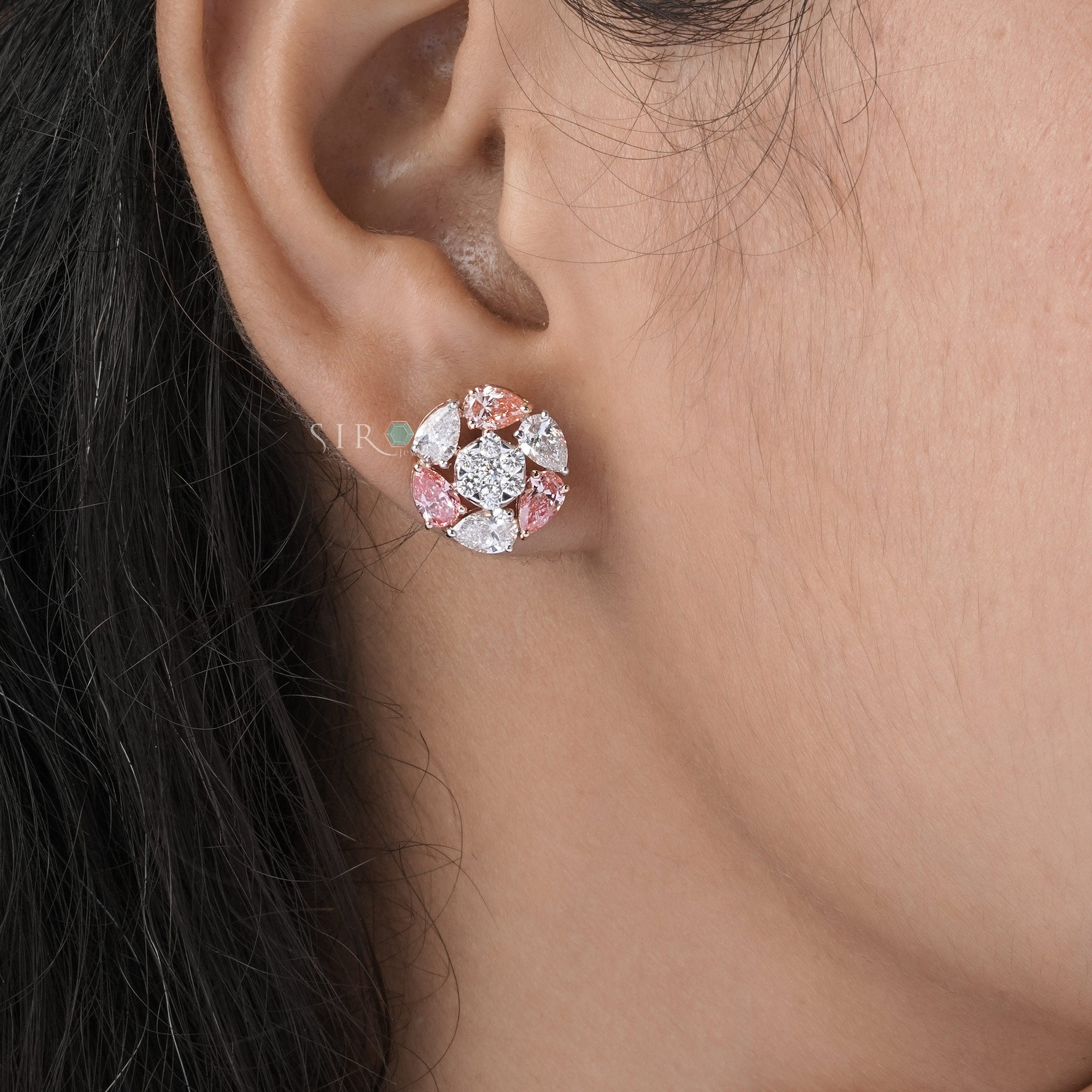 Fancy Pink & White Diamond Floral Cluster Studs.