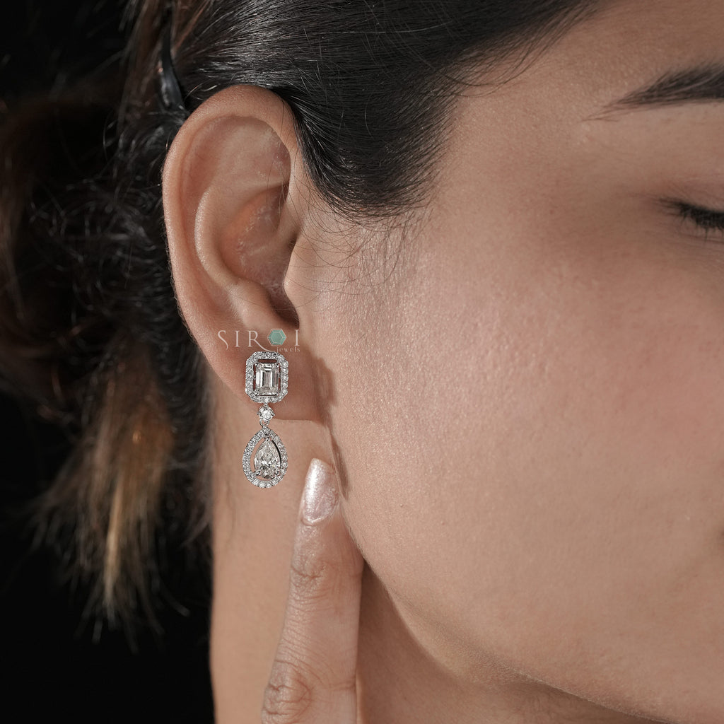 Emerald Cut and Pear Shape Diamond Halo Drop Earrings