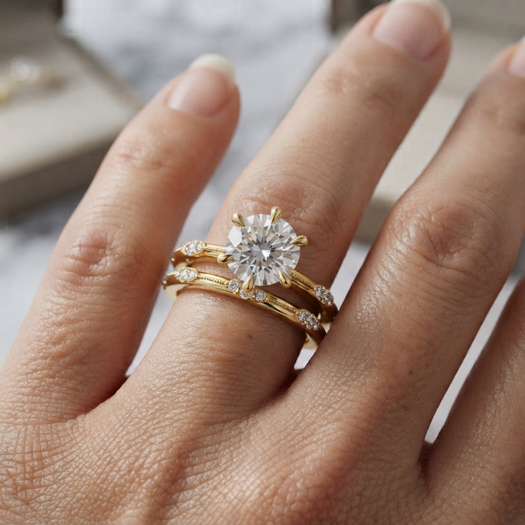 Lab Grown Diamond Bridal Set, Round Cut Solitaire Engagement Ring, Yellow Gold Wedding Band