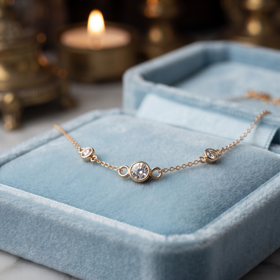 14K Gold Bezel Diamond Station Necklace, Minimalist Layering Pendant