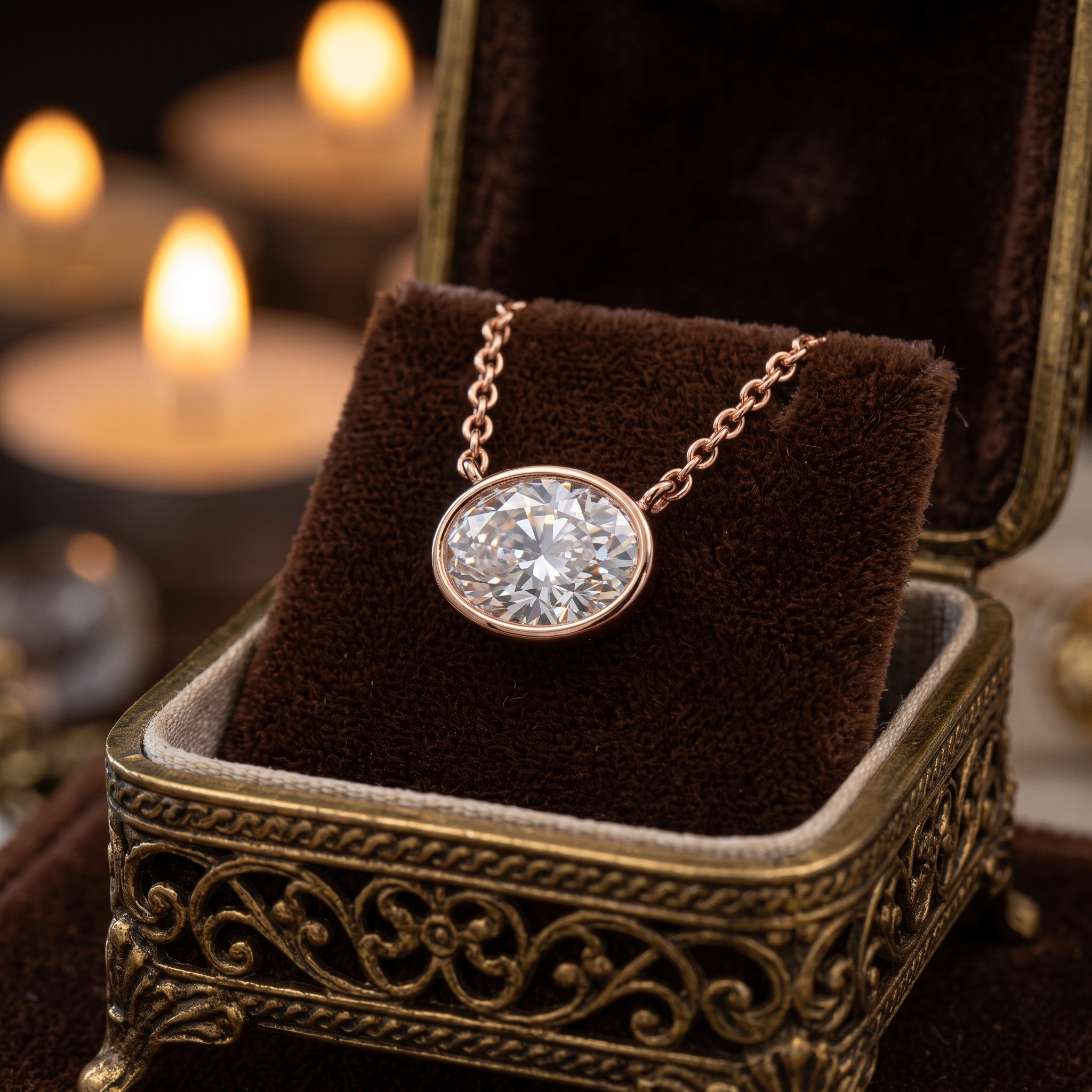 Oval Bezel Diamond Pendant Necklace, 14K Gold Chain, Minimalist Bridal Jewelry