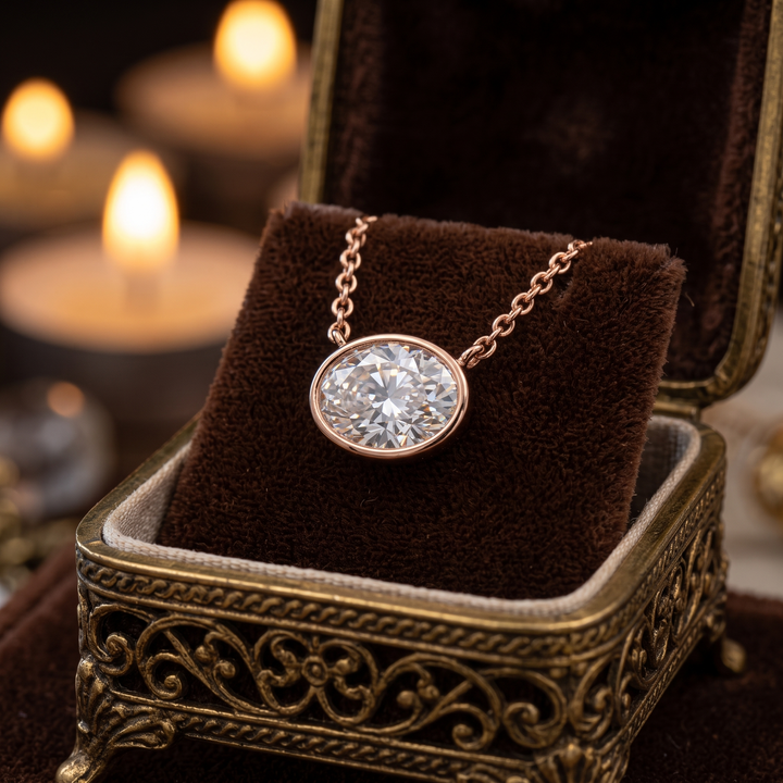 Oval Bezel Diamond Pendant Necklace, 14K Gold Chain, Minimalist Bridal Jewelry