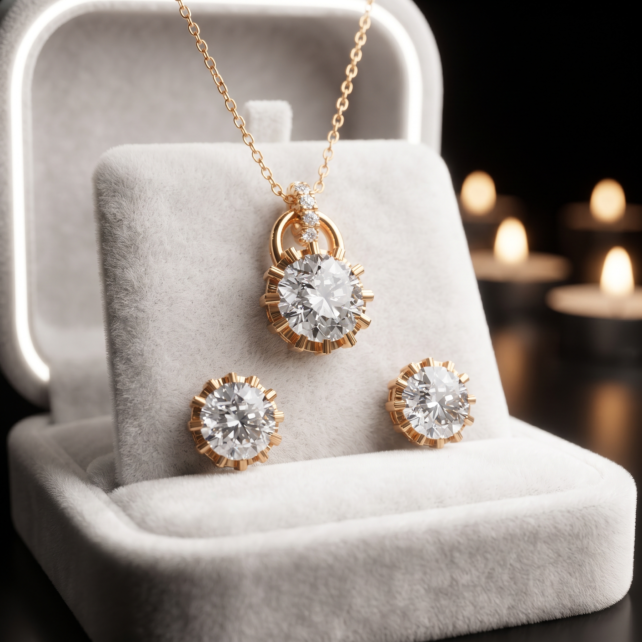 Round Cut Lab Grown Diamond Necklace Earring Set, Crown Pendant, Minimalist Bridal Jewelry