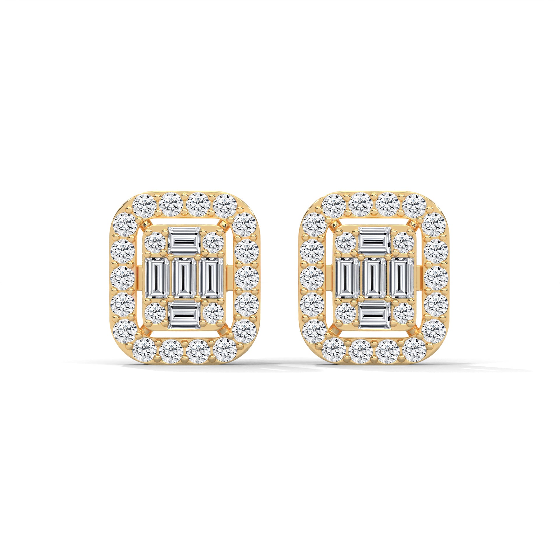 Baguette and Round Diamond Halo Stud Earrings