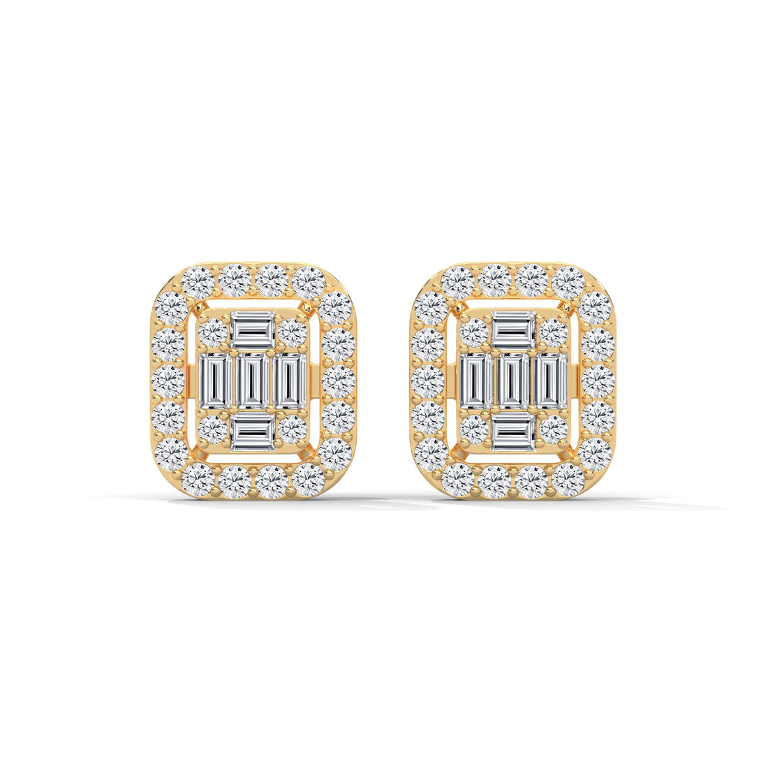 Baguette and Round Diamond Halo Stud Earrings