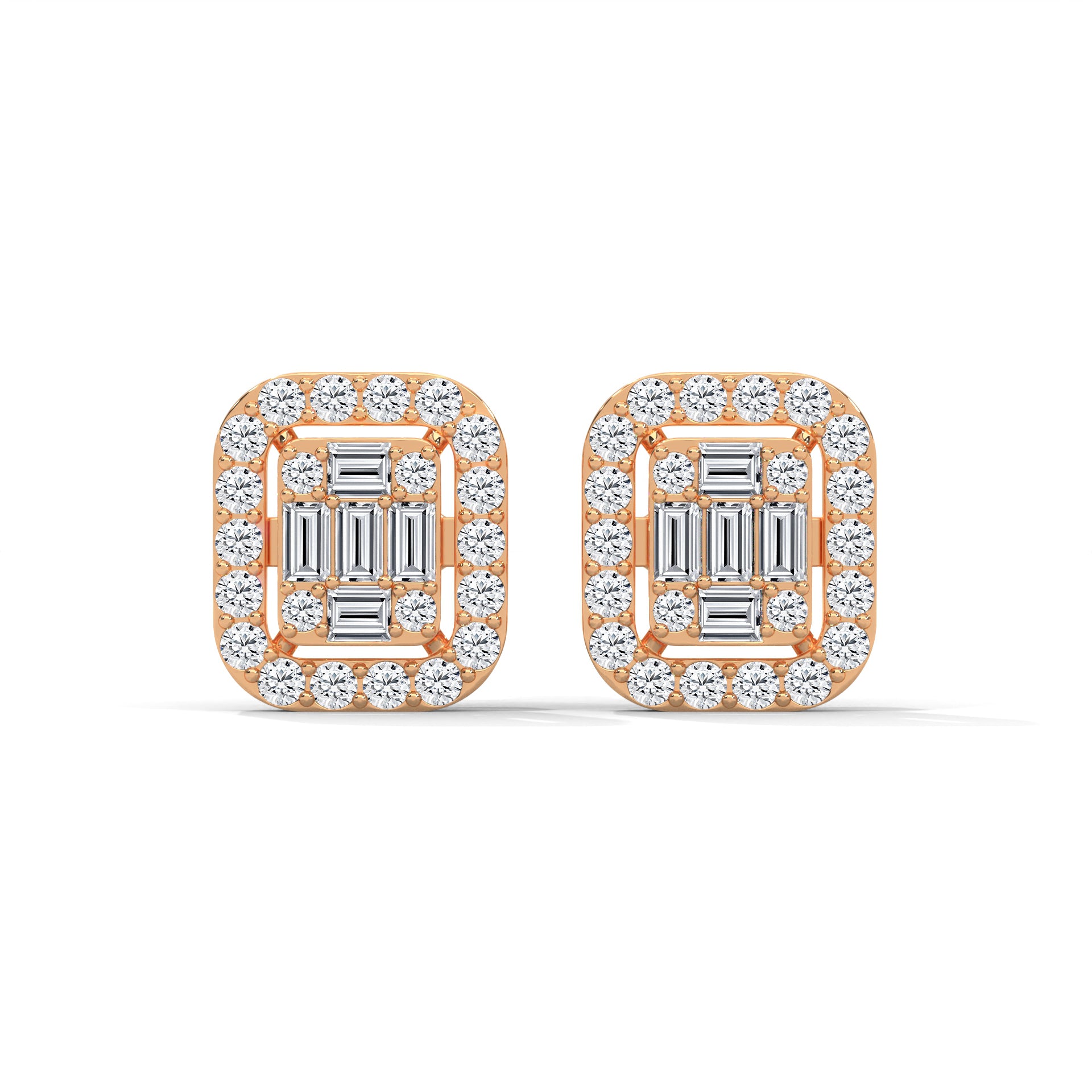 Baguette and Round Diamond Halo Stud Earrings