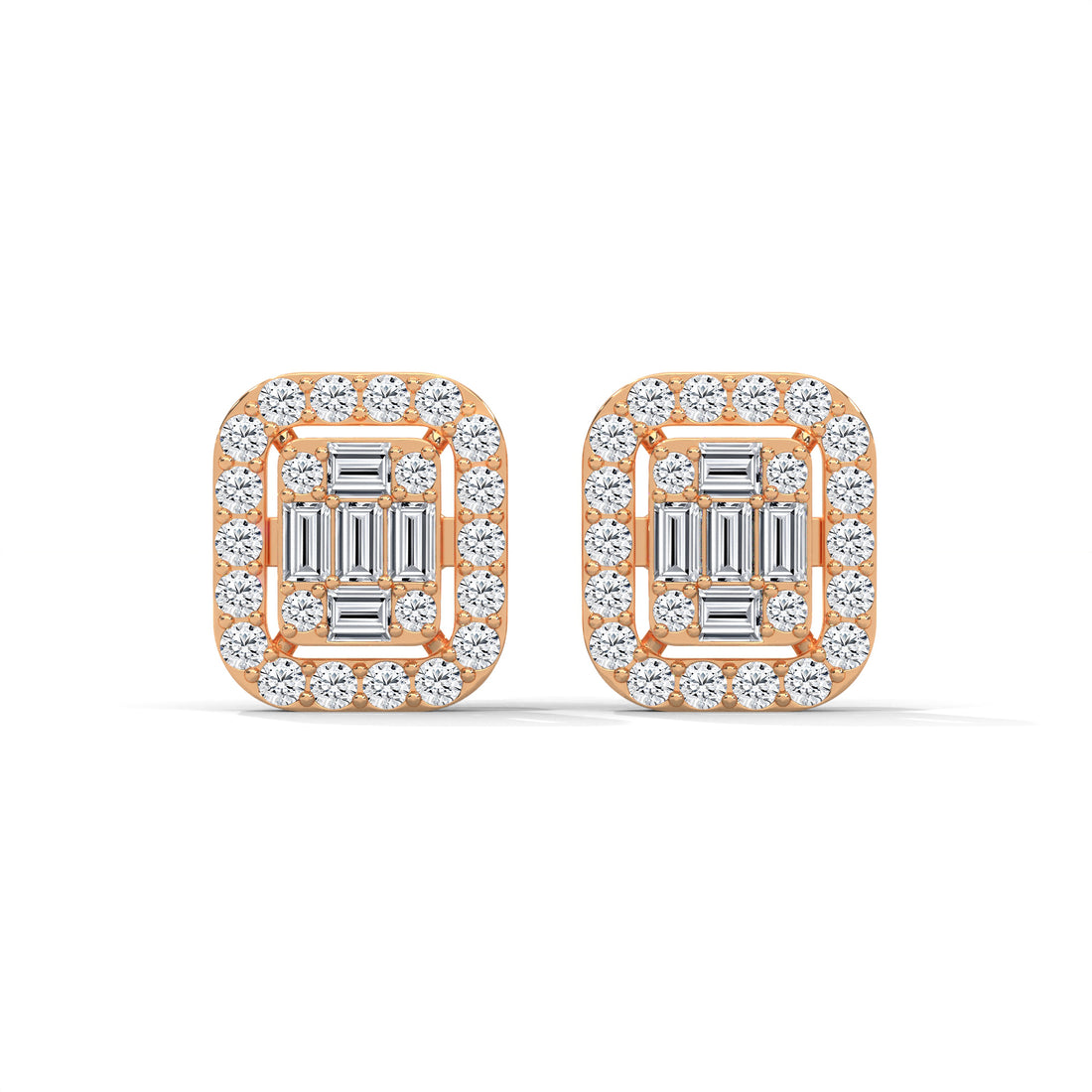 Baguette and Round Diamond Halo Stud Earrings