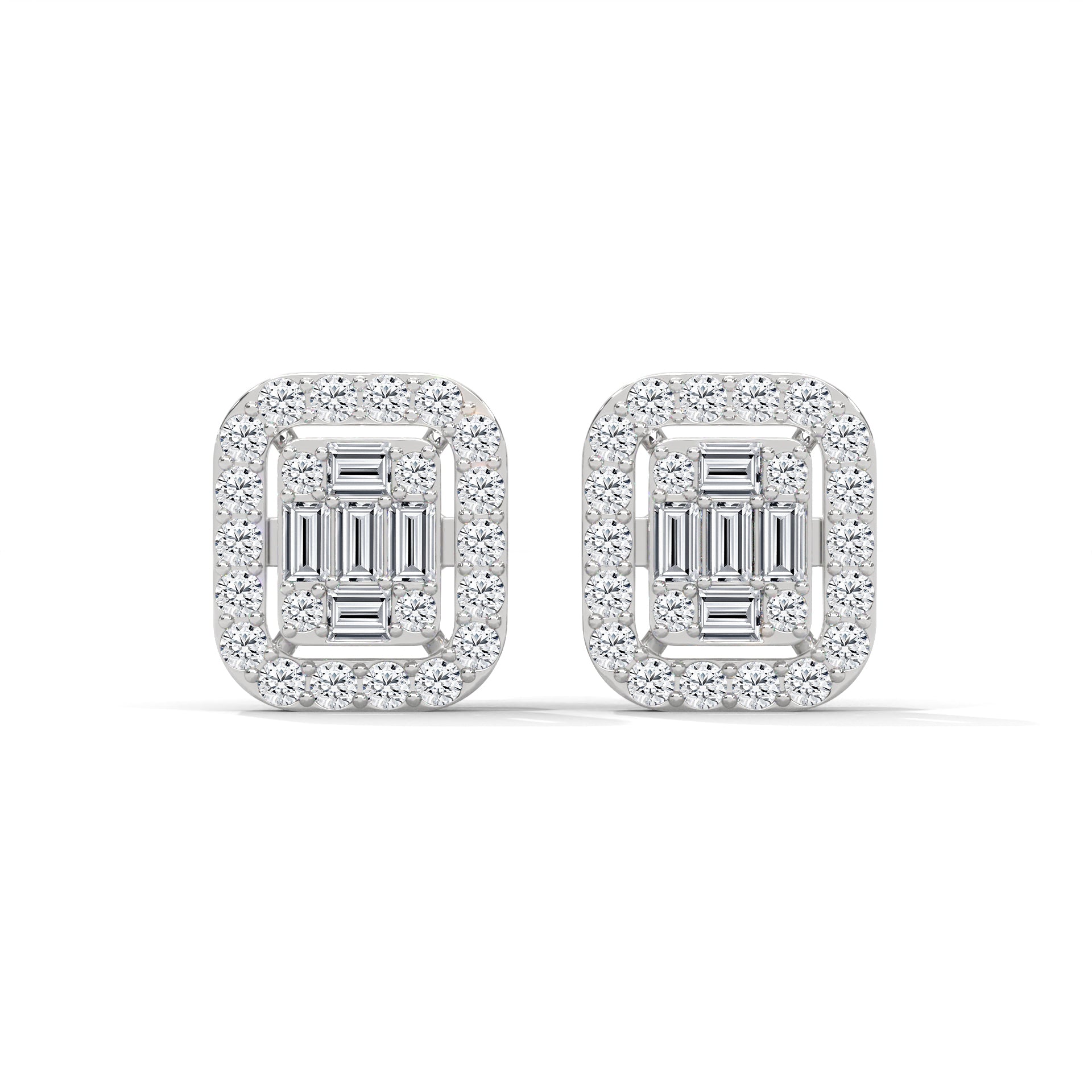 Baguette and Round Diamond Halo Stud Earrings