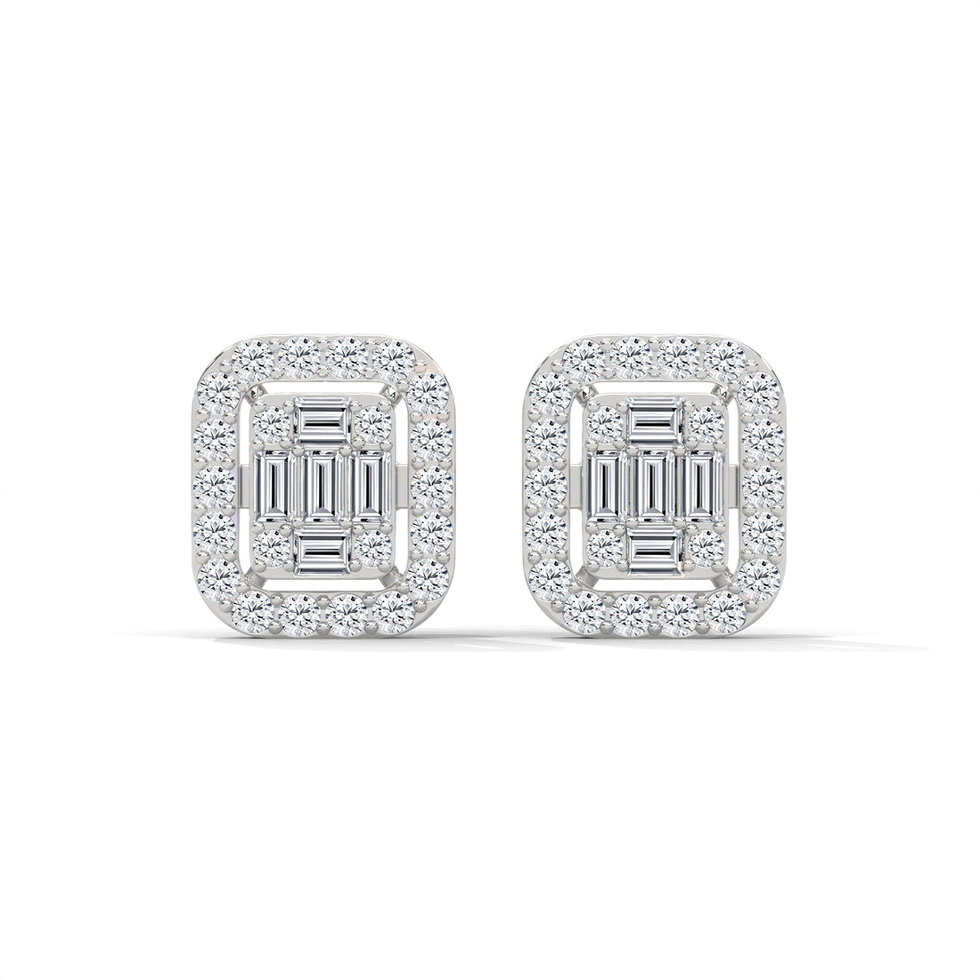Baguette and Round Diamond Halo Stud Earrings
