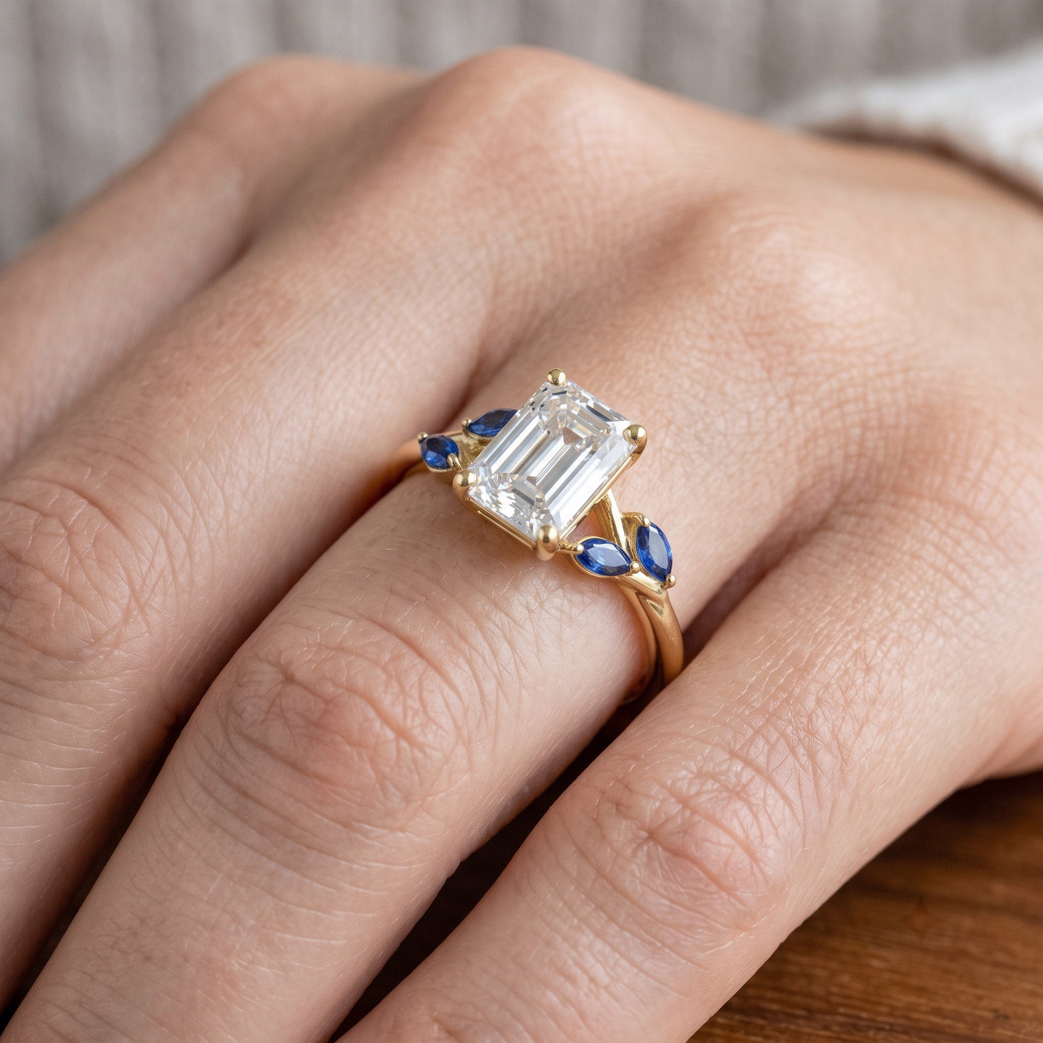 Emerald Cut Diamond Engagement Ring Set, Blue Sapphire Branch Design, Solid Gold Wedding Band