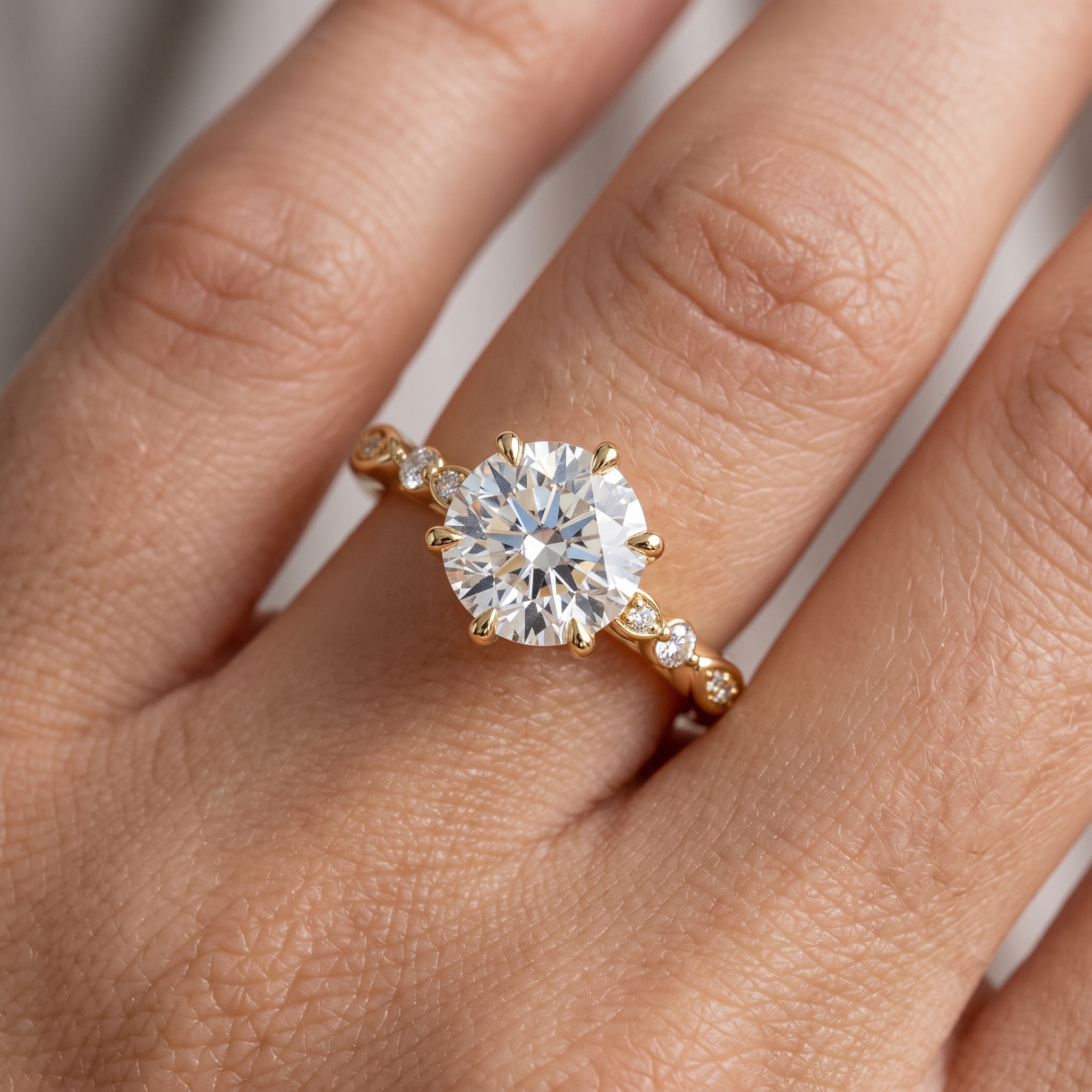 Custom Floral Basket Engagement Ring, Lab Grown Diamond, Hidden Halo Accent