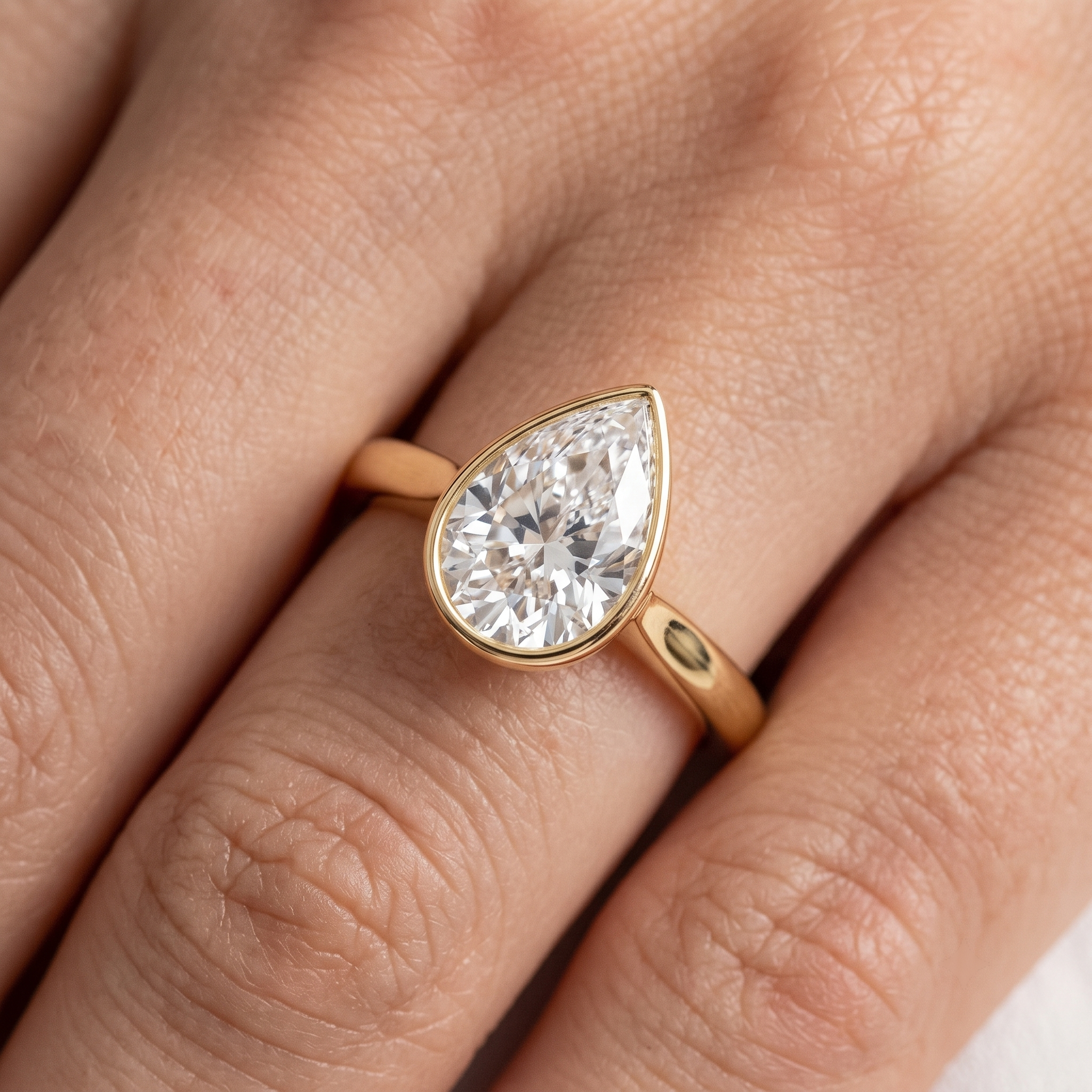 Pear Cut Diamond Bezel Ring, Yellow Gold Bridal Set, Teardrop Stacking Rings