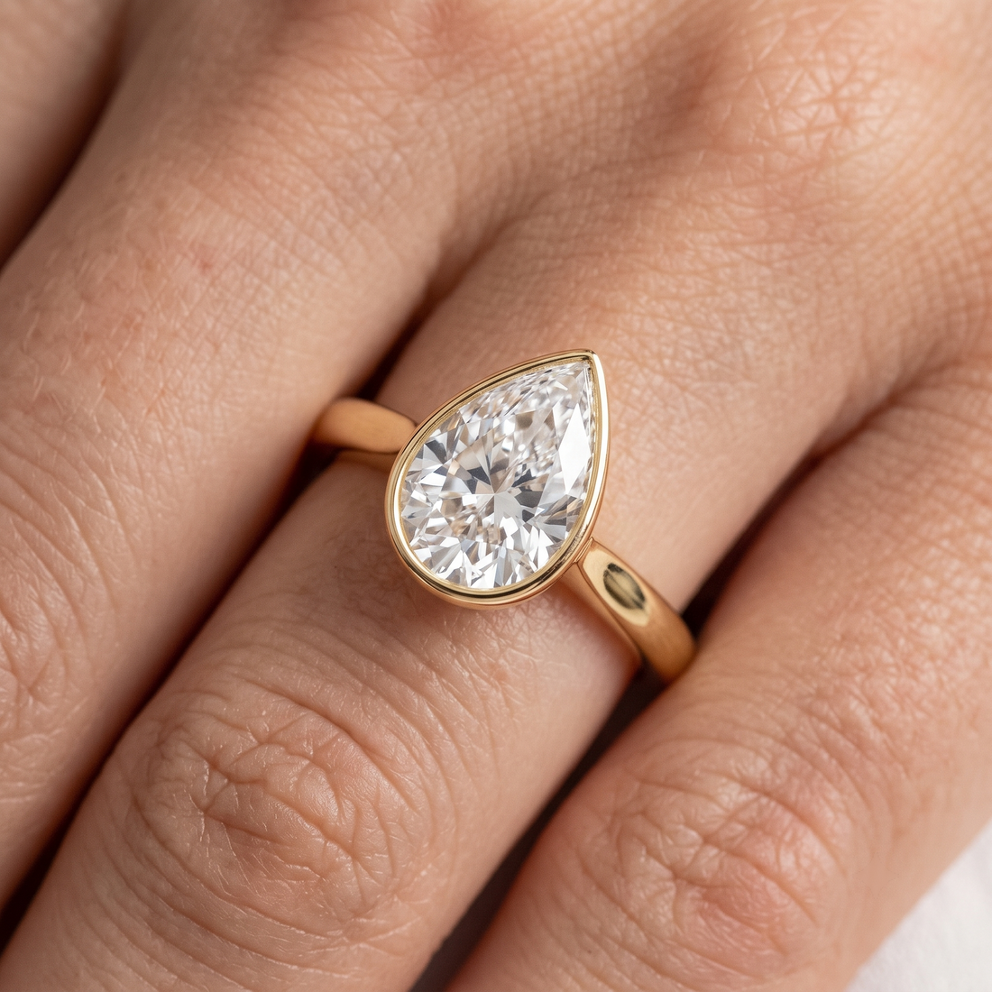 Pear Cut Diamond Bezel Ring, Yellow Gold Bridal Set, Teardrop Stacking Rings