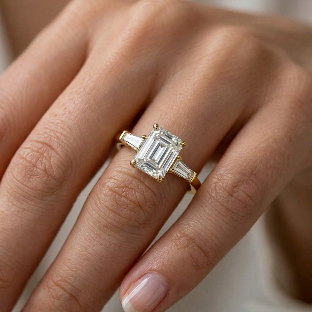 Emerald Cut Three Stone Engagement Ring, Tapered Baguette Lab Grown Diamond, Solid Gold Band