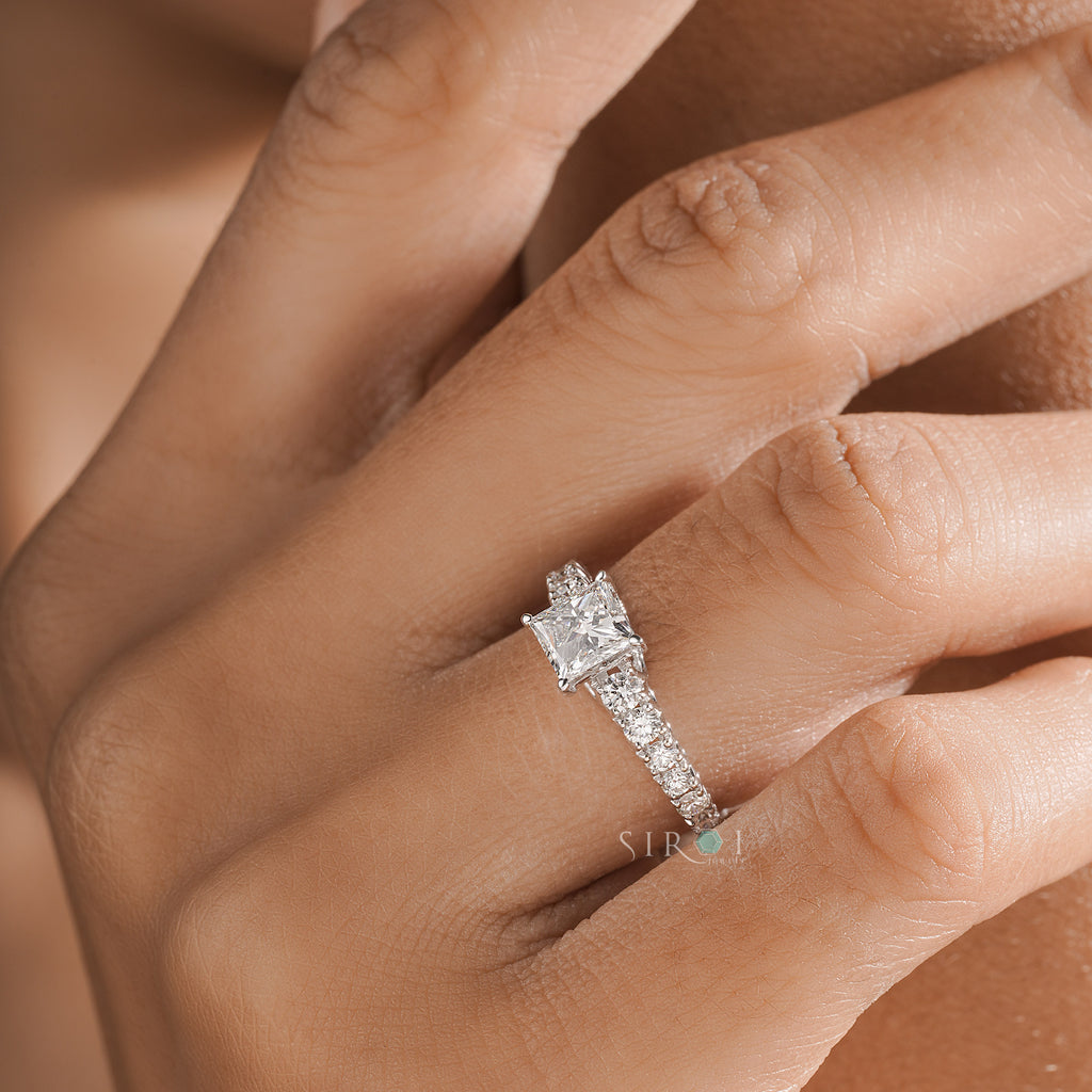 Princess-Cut Diamond Engagement Ring with Pave-Set Band
