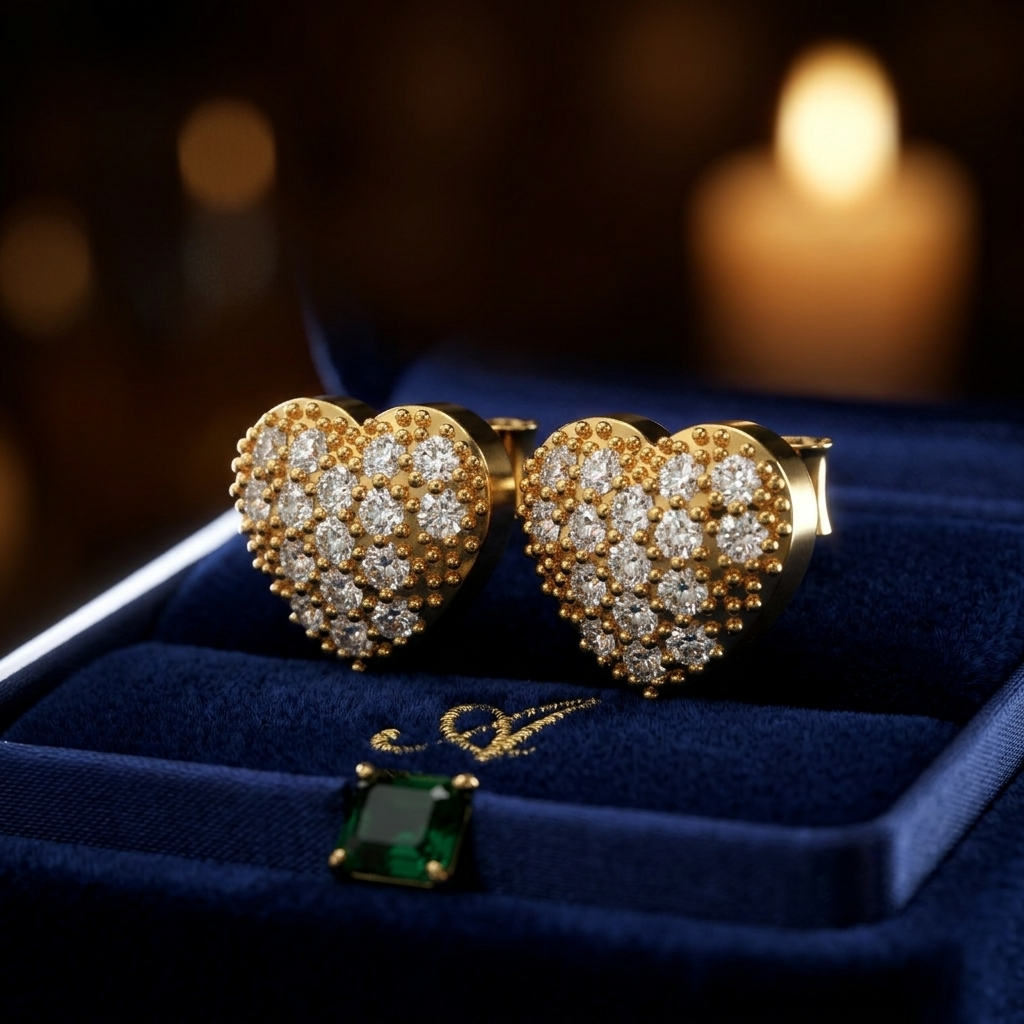 Diamond Heart Stud Earrings in Gold