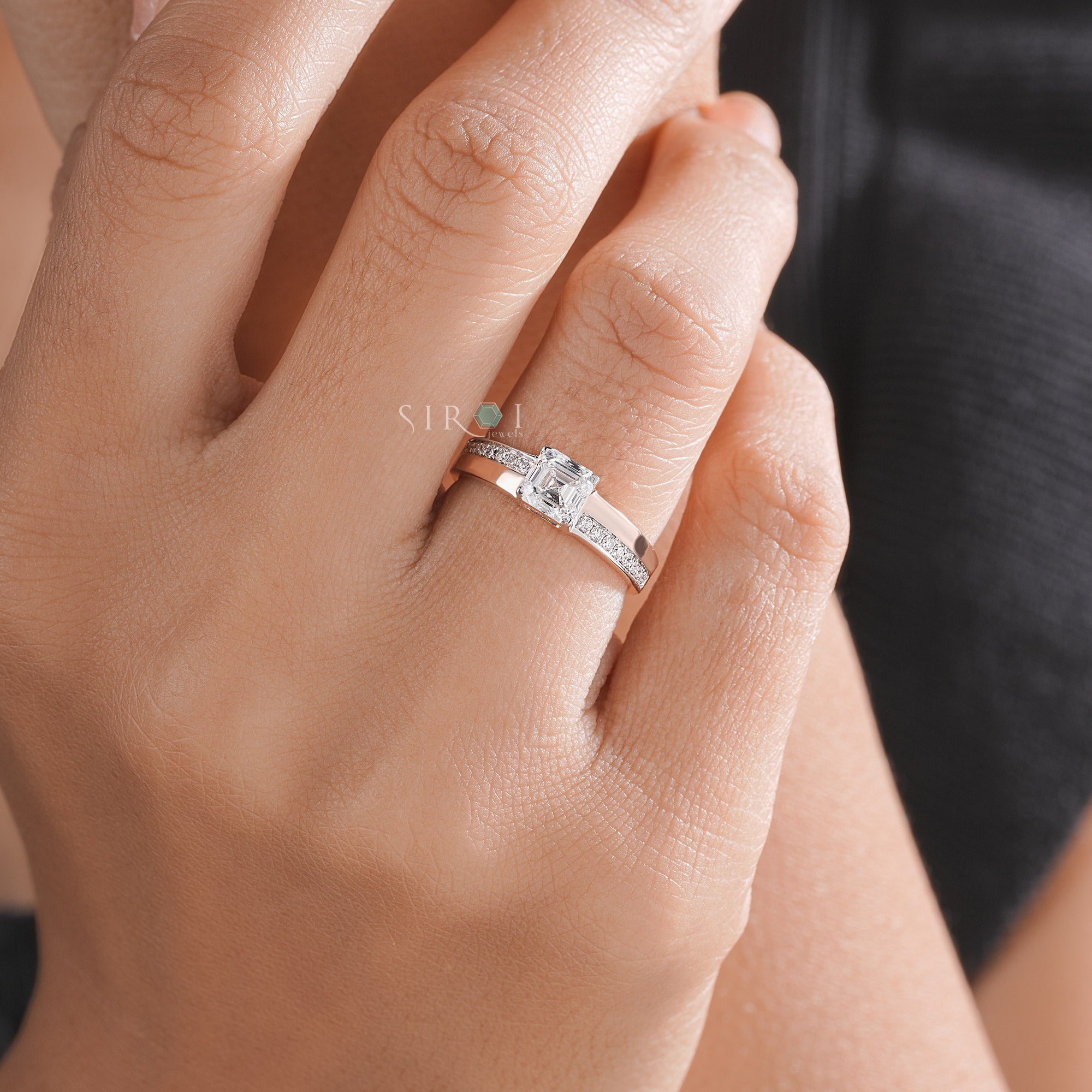 Rose Gold emerald Diamond Ring with Shoulder Pave