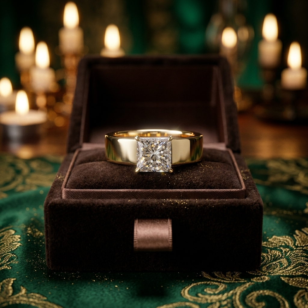 Wide Band Princess Cut Engagement Ring | Hidden Halo, Solid Gold Statement Piece