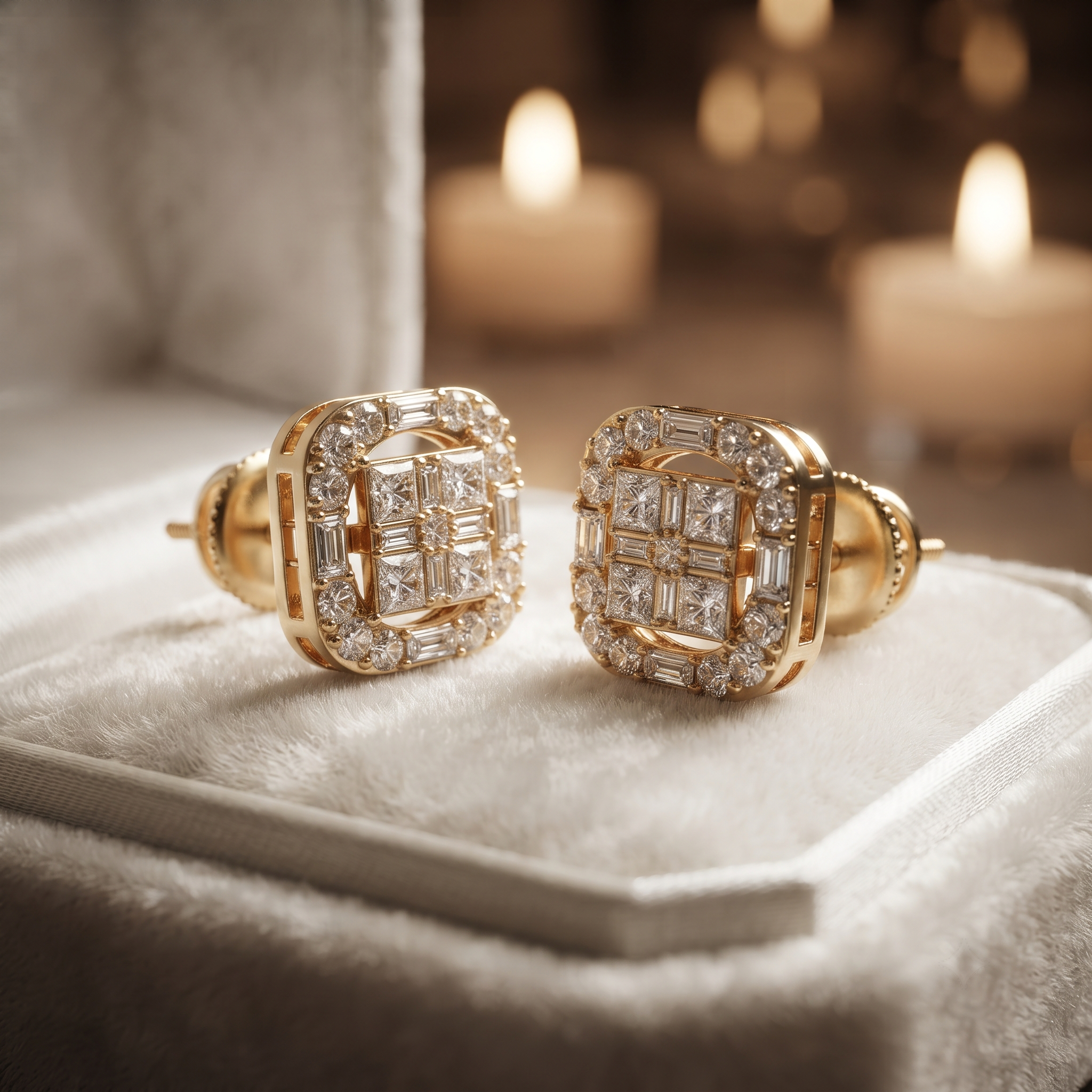 Geometric Diamond Stud Earrings – Princess, Baguette Cut, Gold, Silver