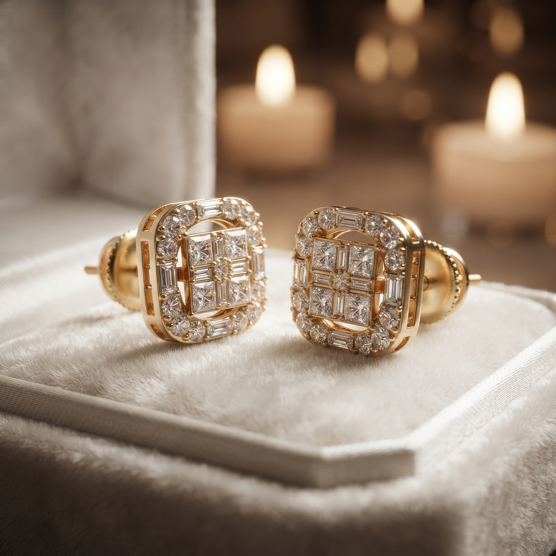 Geometric Diamond Stud Earrings – Princess, Baguette Cut, Gold, Silver