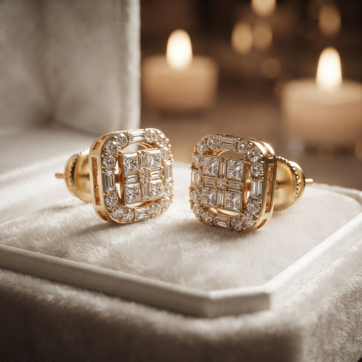 Geometric Diamond Stud Earrings – Princess, Baguette Cut, Gold, Silver