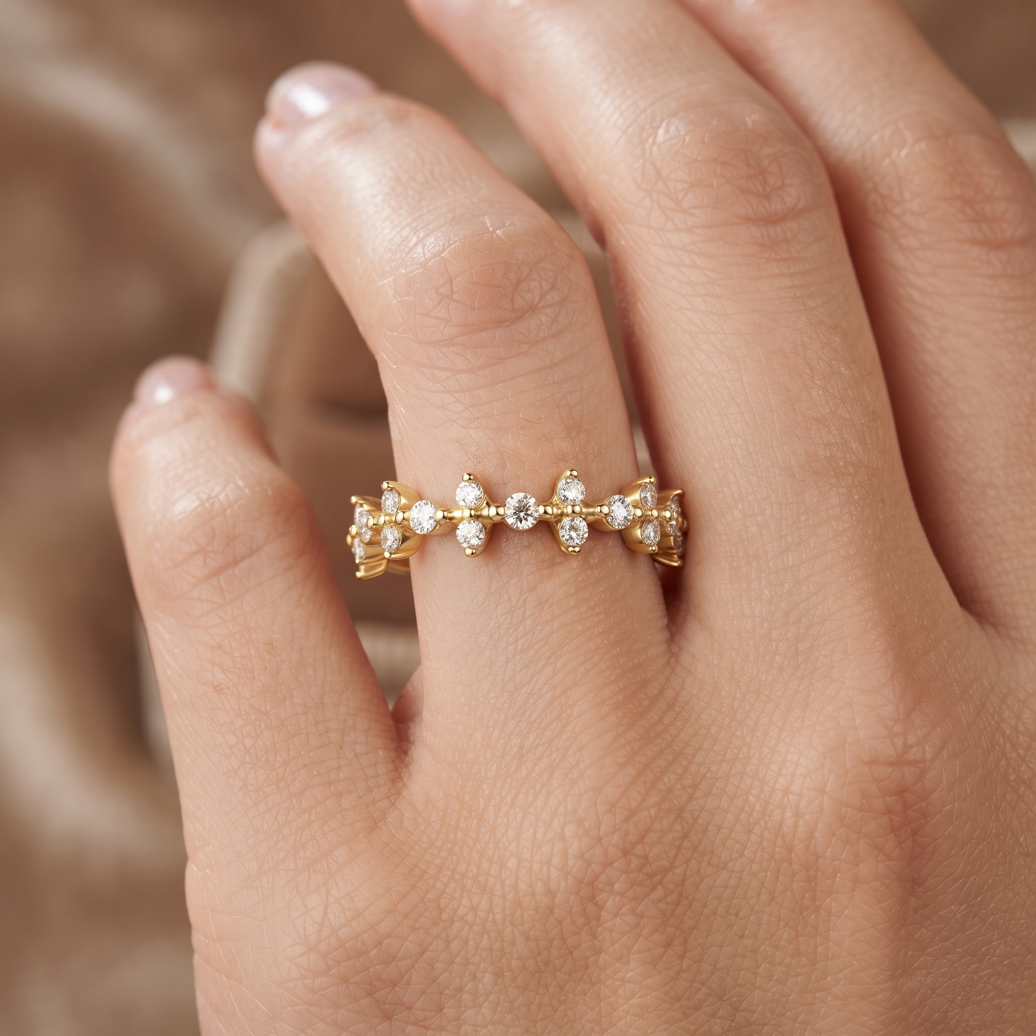 Solid Gold Cluster Diamond Band Ring, Minimalist Wedding Stack, Round Cut Lab Grown